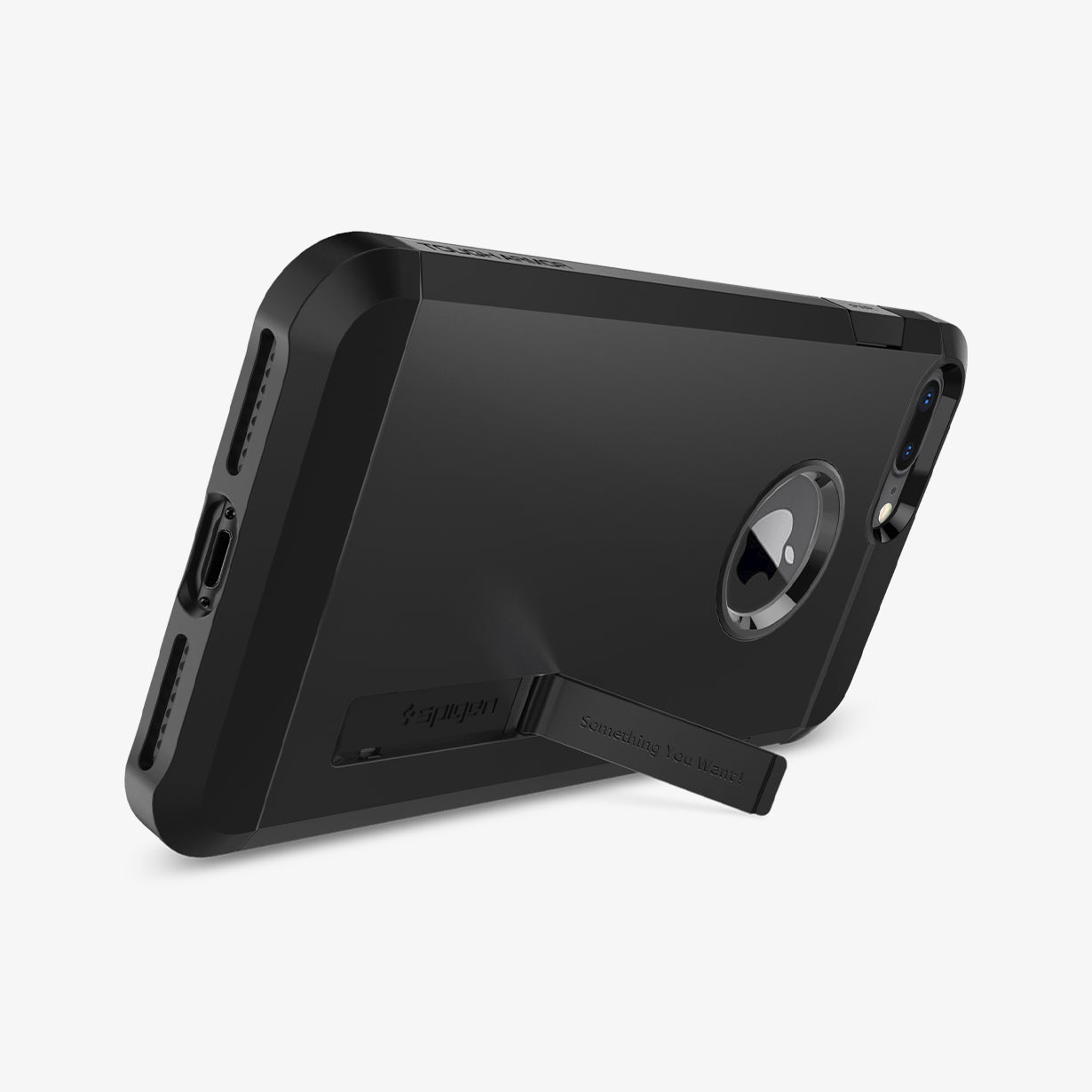 055CS22246 - iPhone 7 Plus Case Tough Armor 2 in Black showing the back and bottom with a built-in kickstand propped up