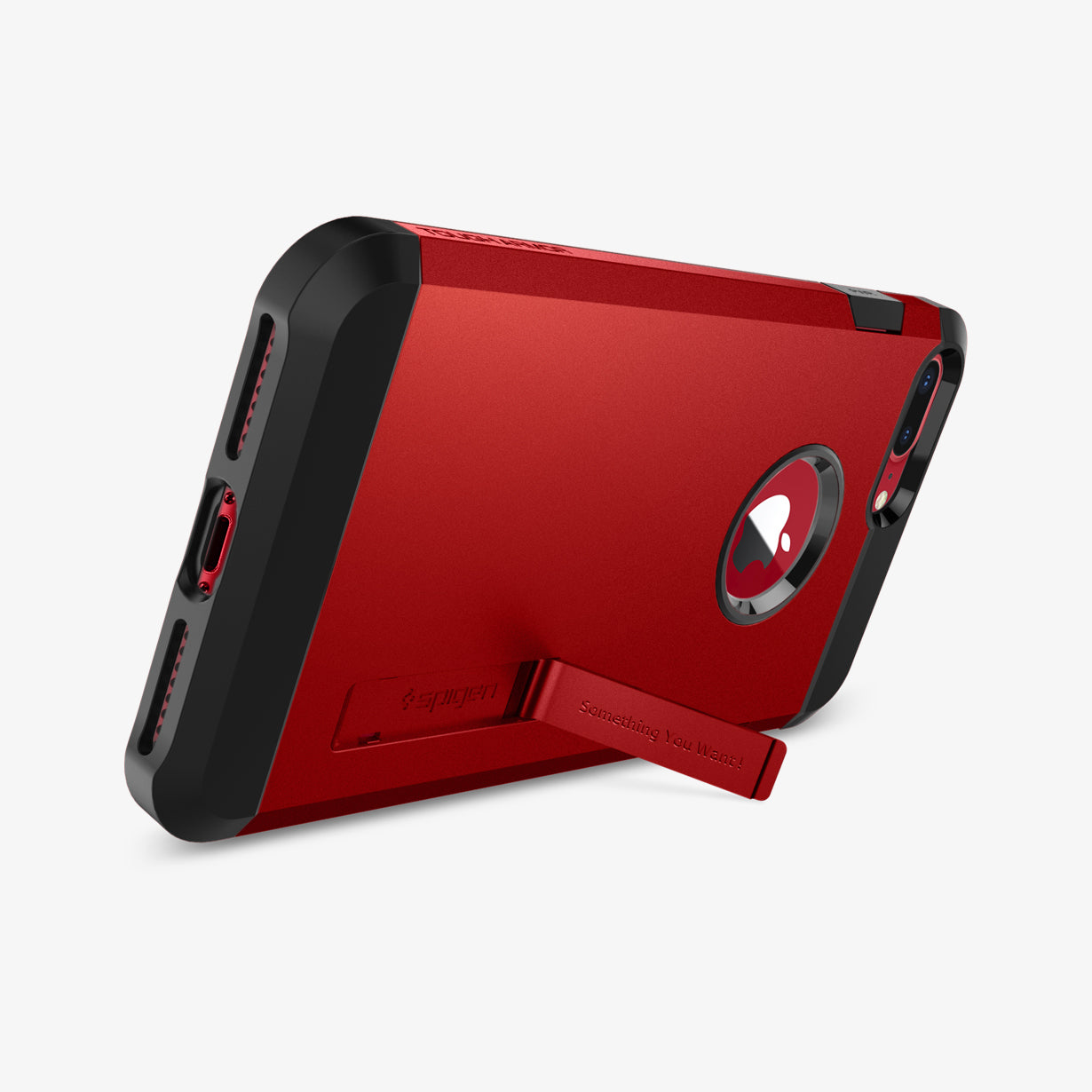 055CS24040 - iPhone 7 Plus Case Tough Armor 2 in Red showing the back and bottom with a built-in kickstand propped up