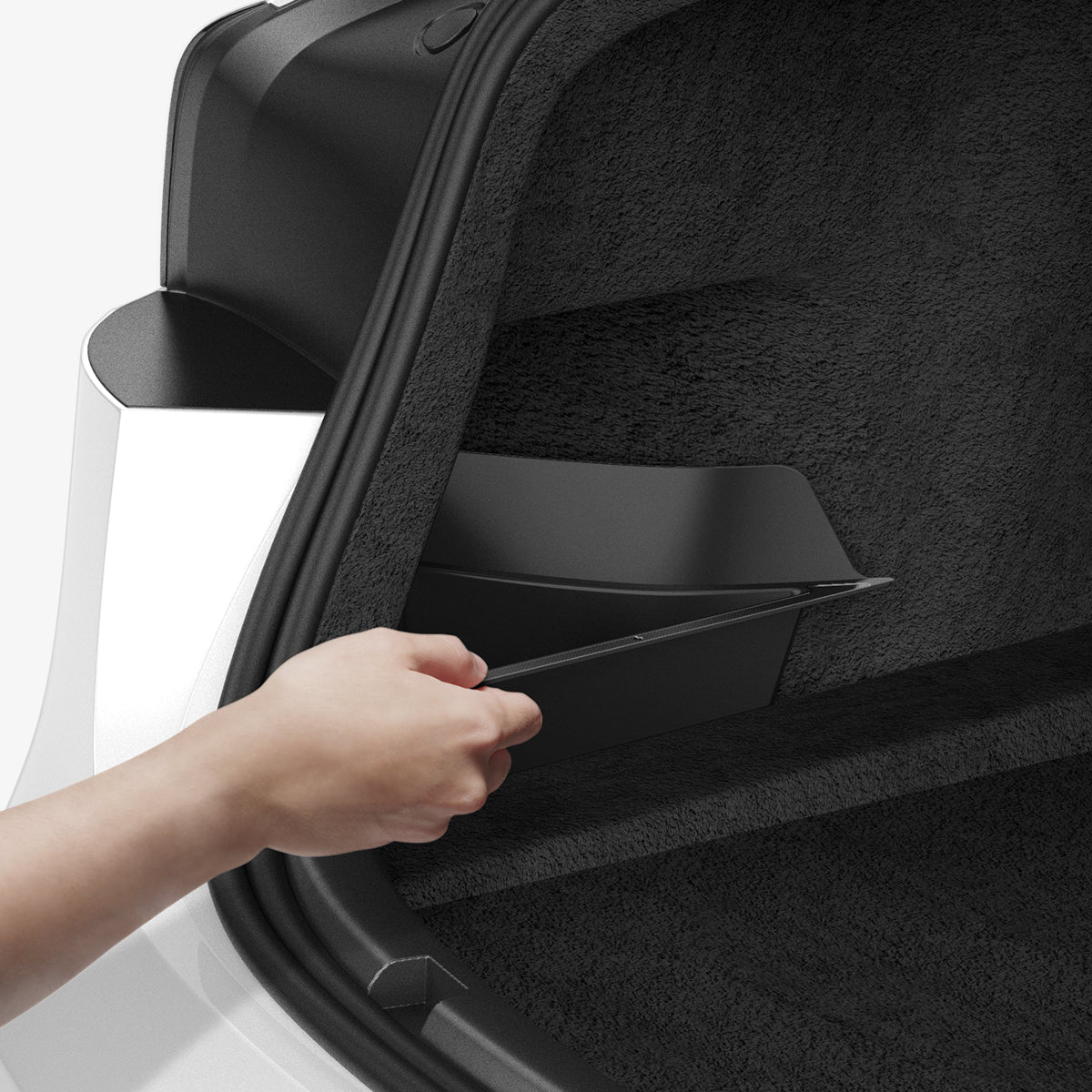 ACP08352 - Tesla Model 3 Highland Trunk Organizer TO228H in Black showing both sides of the trunk for seamless tool-free installation, includes 2 com comes in a pair for each side of the trunk