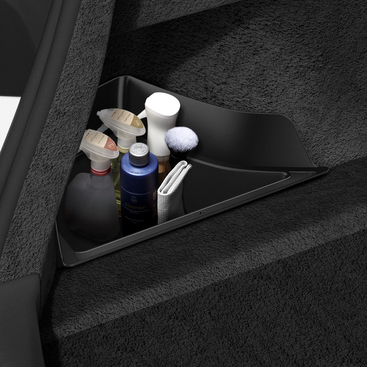 ACP08352 - Tesla Model 3 Highland Trunk Organizer TO228H in Black showing the cleaning solutions inside 