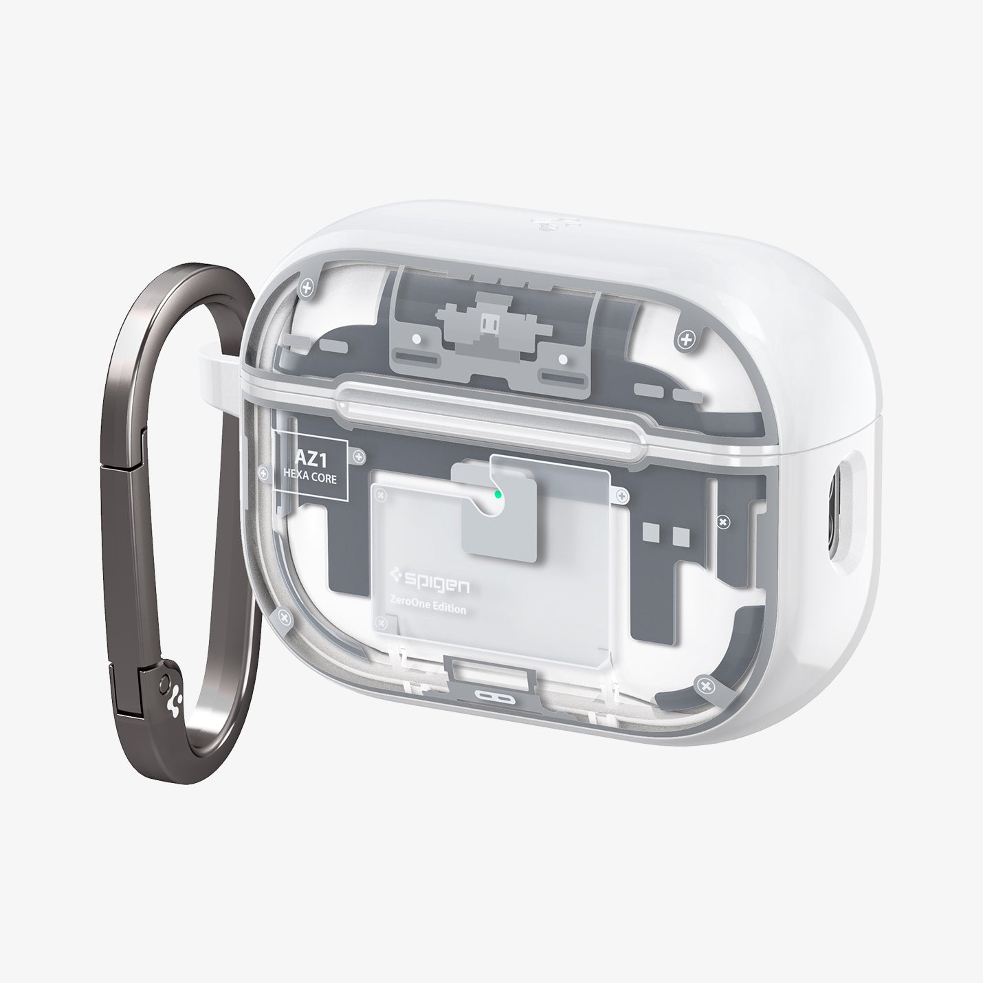 ACS07423 - AirPods Pro 2 Ultra Hybrid Zero One (MagFit) in Zero One White showing the front and partial side with carabiner