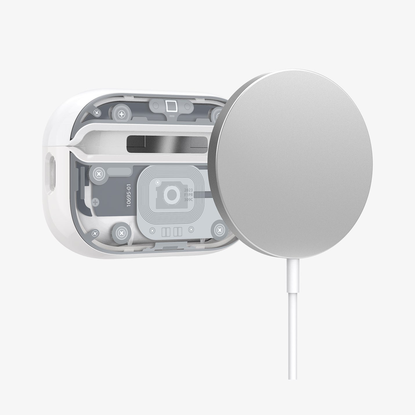 ACS07423 - AirPods Pro 2 Ultra Hybrid Zero One (MagFit) in Zero One White showing the back with magsafe charger hovering behind