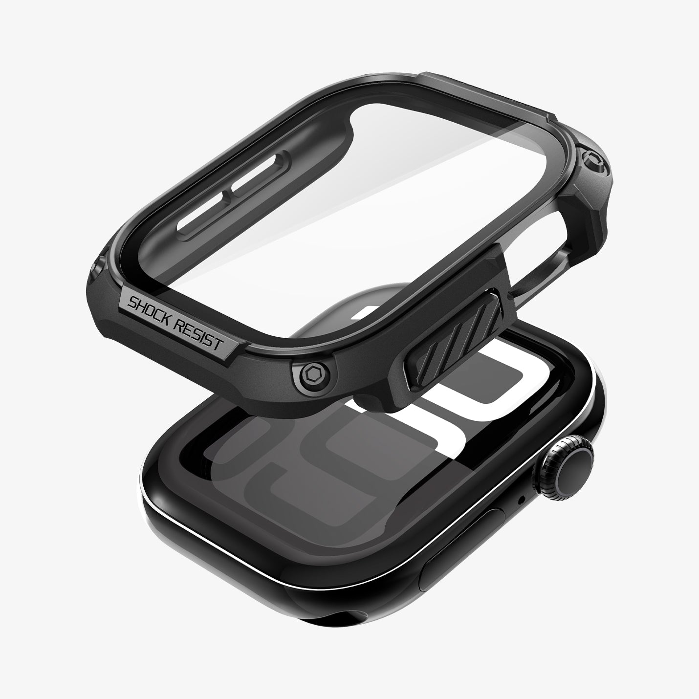 ACS08603 - Apple Watch 10 (46mm) Case Tough Armor in Black showing the front, hovering above the face of the apple watch