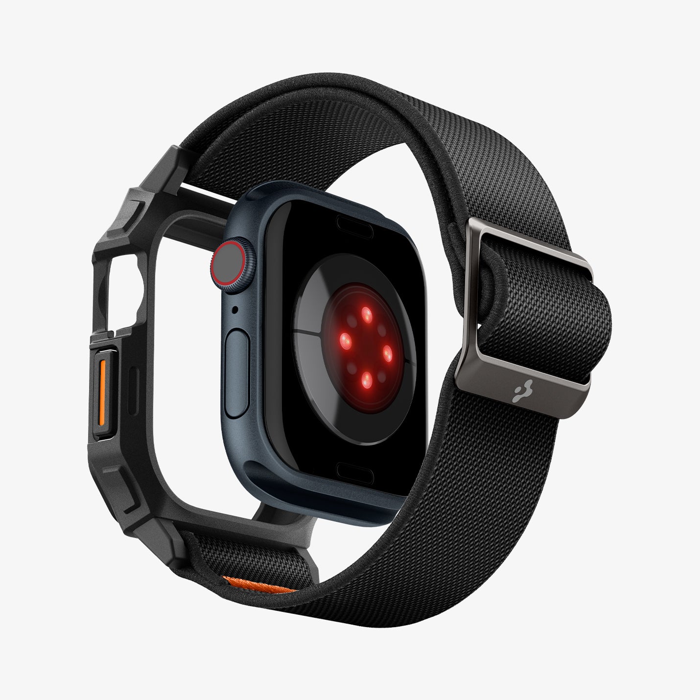 ACS08609 - Apple Watch (46mm) Case Lite Fit Pro in Matte Black showing the back, partial side hovering under the band, showing inner side, back bottom