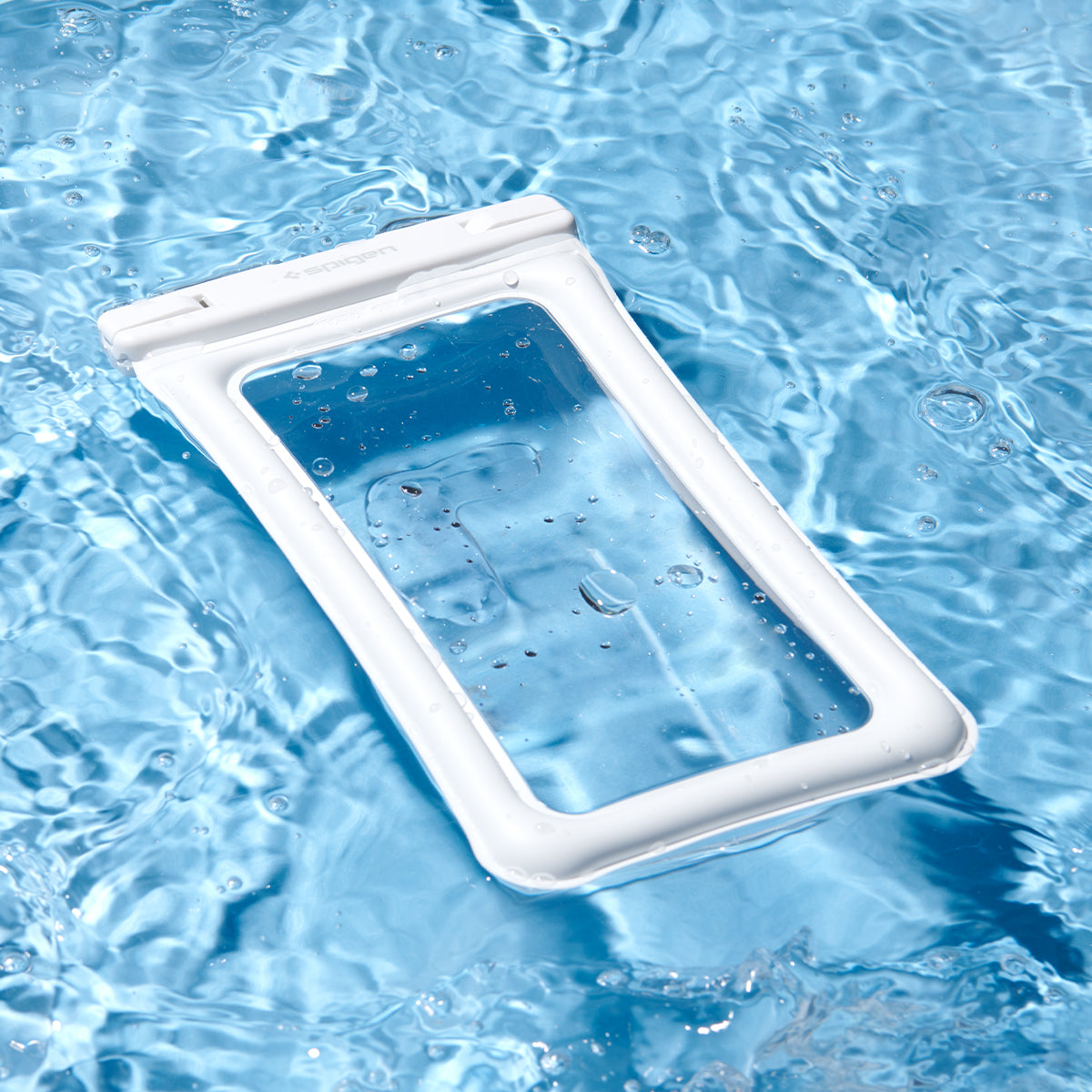 ACS06010 - AquaShield Waterproof Floating Case A610 in White showing the front of the waterproof case floating on the surface of the water