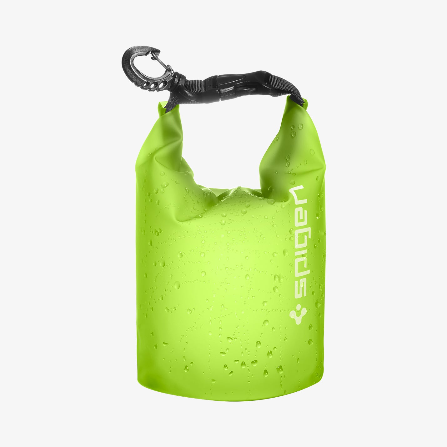 AMP06027 - AquaShield Waterproof Bag A630 in Cactus Green showing the front of a small bag with carabiner, splashed with water