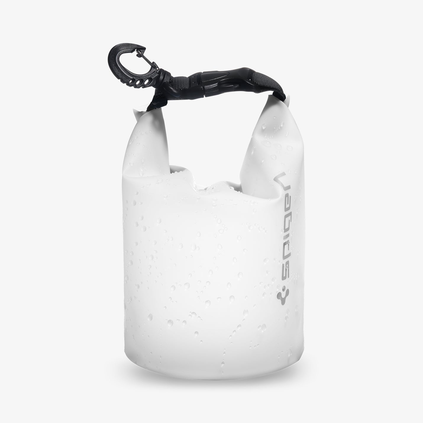 AMP06026 - AquaShield Waterproof Bag A630 in Snow White showing the front of a small bag with carabiner, splashed with water