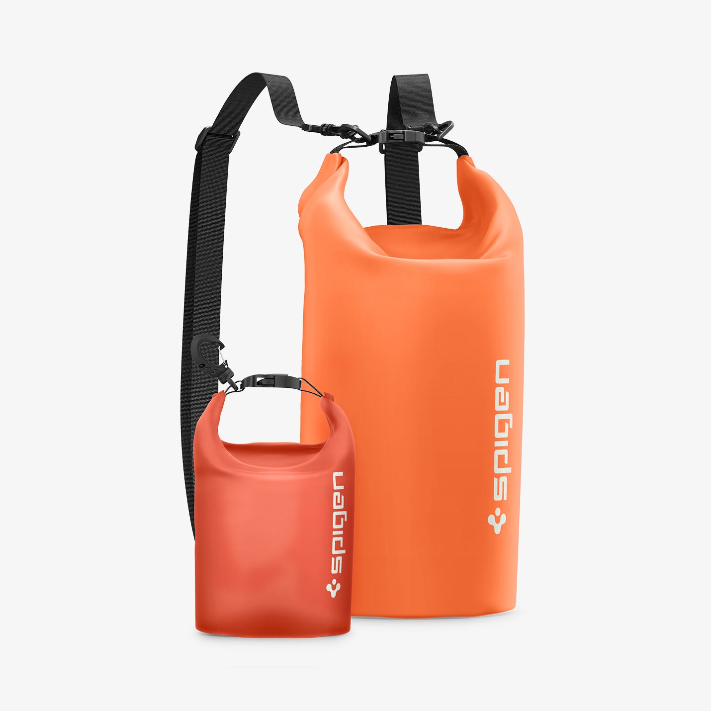 AMP06025 - AquaShield Waterproof Bag A630 in Sunset Orange showing the front of small and big with strap