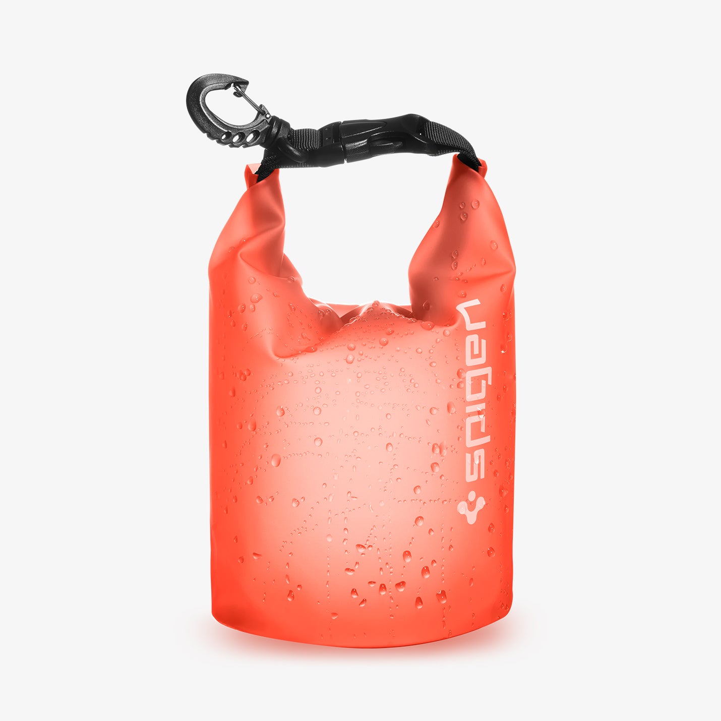 AMP06025 - AquaShield Waterproof Bag A630 in Sunset Orange showing the front of a small bag with carabiner, splashed with water