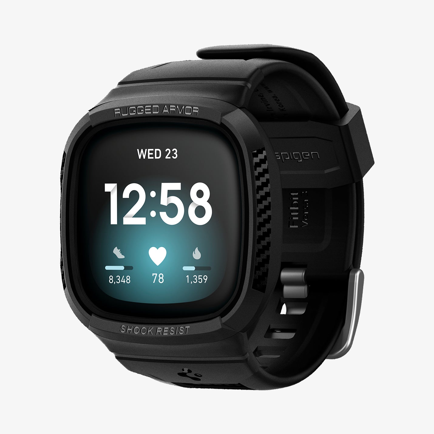 ACS02046 - Fitbit Versa 3 Band Rugged Armor Pro in black showing the front and partial inside of band