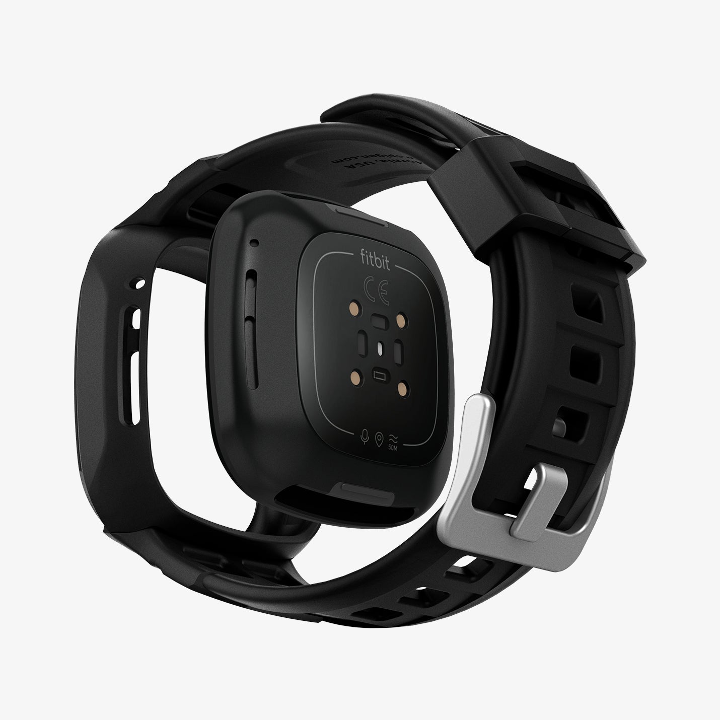 ACS02046 - Fitbit Versa 3 Band Rugged Armor Pro in black showing the back with watch face hovering away from the band