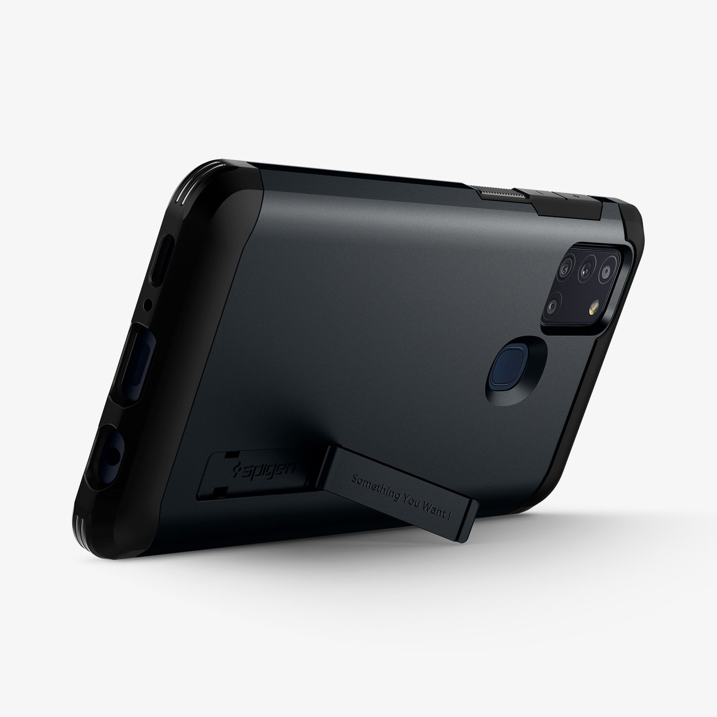 ACS00977 - Galaxy A21s Case Tough Armor in Metal Slate showing the back, partial bottom with a built-in kickstand propped up