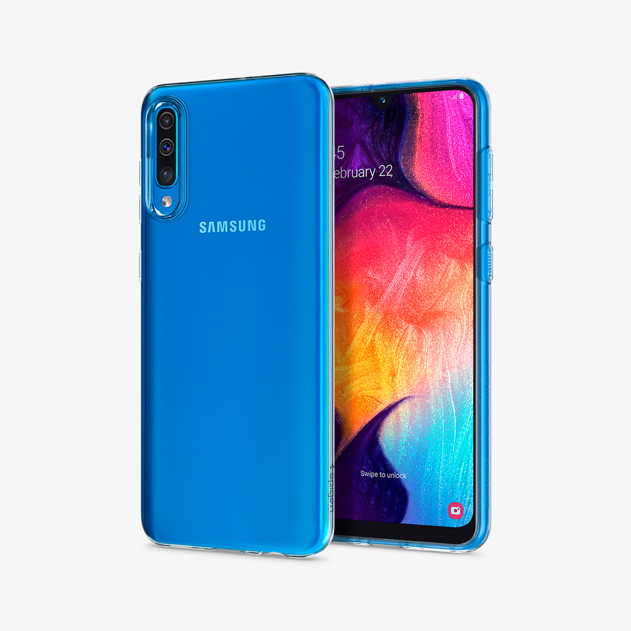 611CS26200 - Galaxy A50 Case Liquid Crystal in Crystal Clear showing the back, next to it is a device showing front