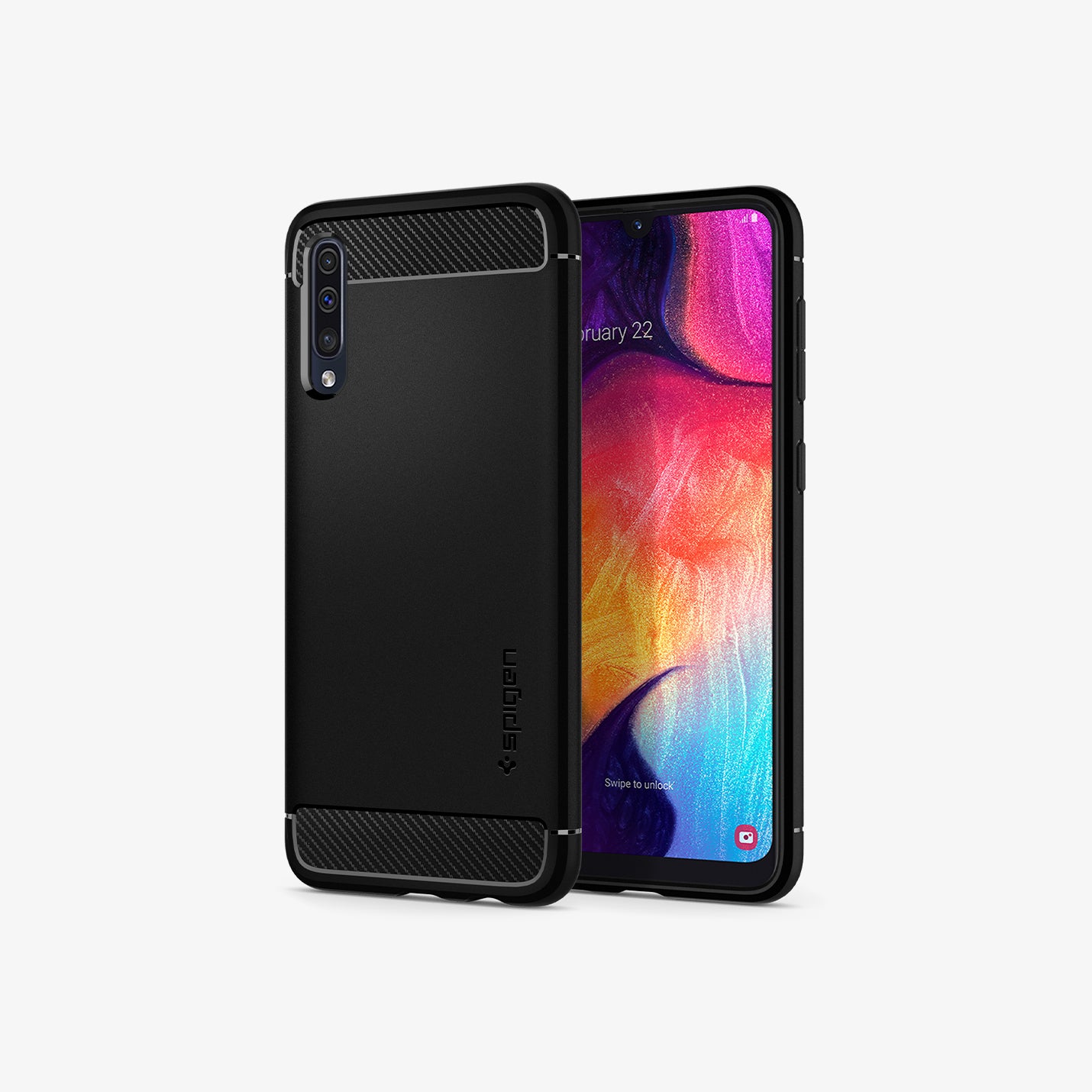 611CS26199 - Galaxy A50 Case Rugged Armor in Matte Black showing the back, next to it is another device showing front