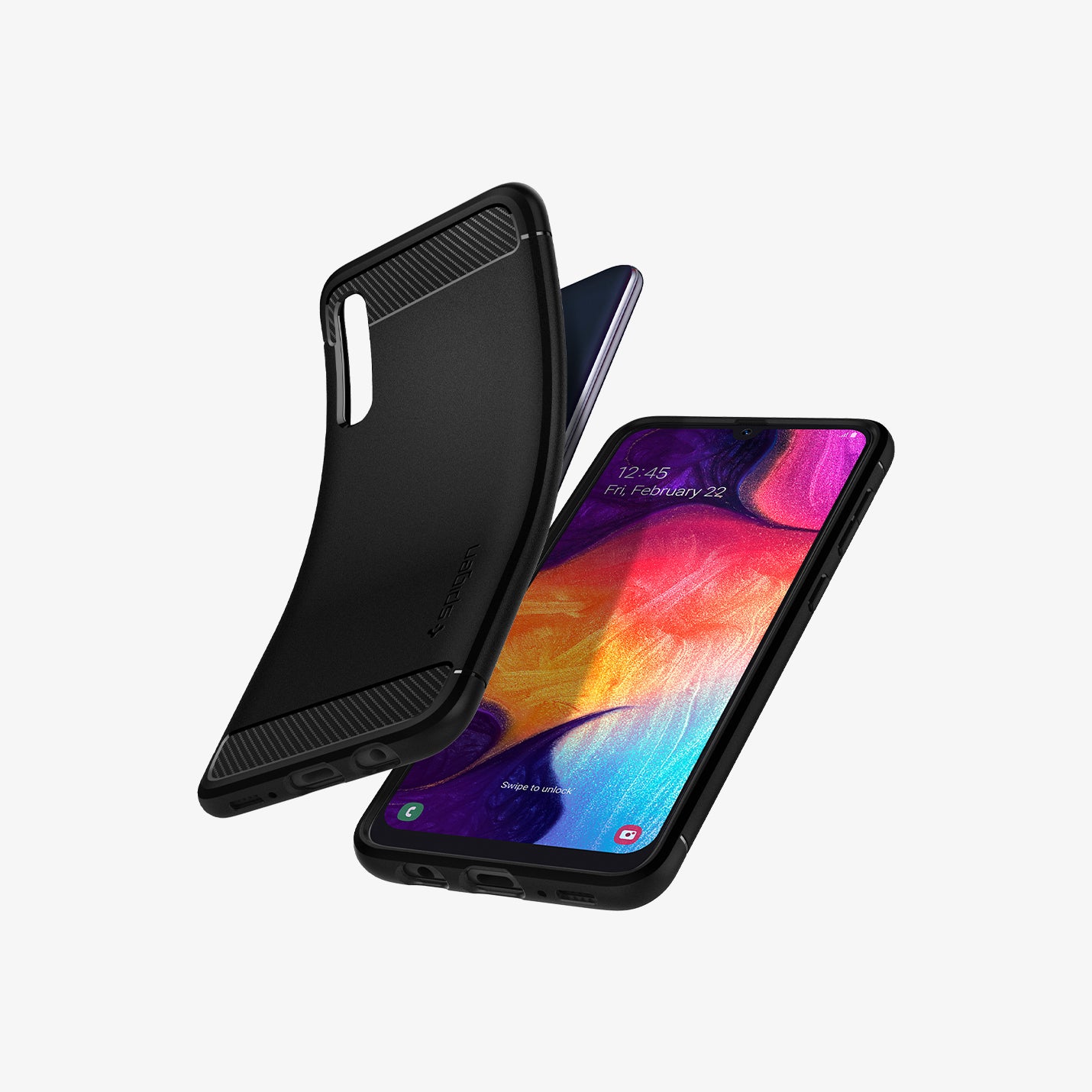 611CS26199 - Galaxy A50 Case Rugged Armor in Matte Black showing the back, soft tpu back casing partially peeled off from the device hovering in front of a device facing front on a flat surface