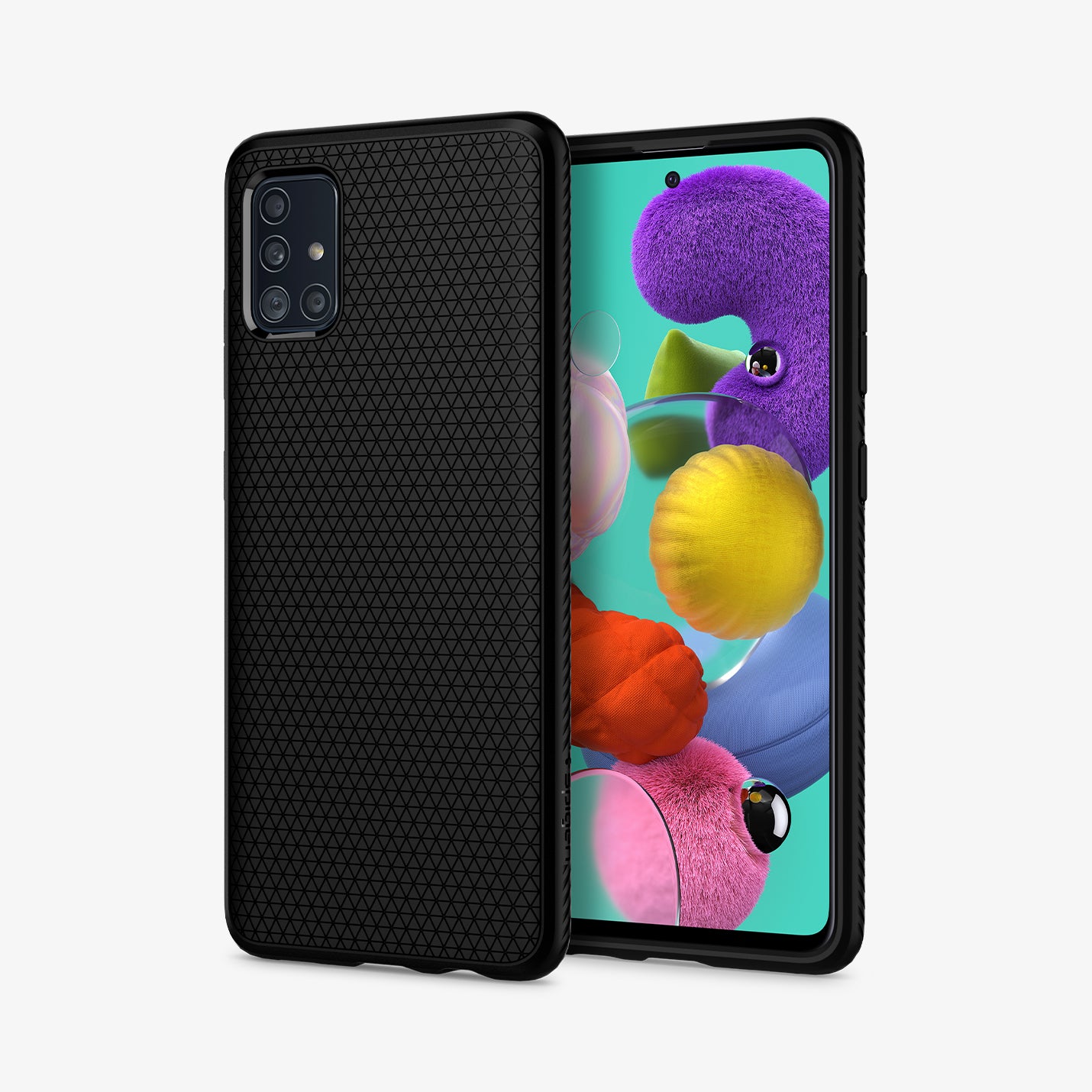 ACS00601 - Galaxy A51 Case Liquid Air in Matte Black showing the back next to it is a device showing front