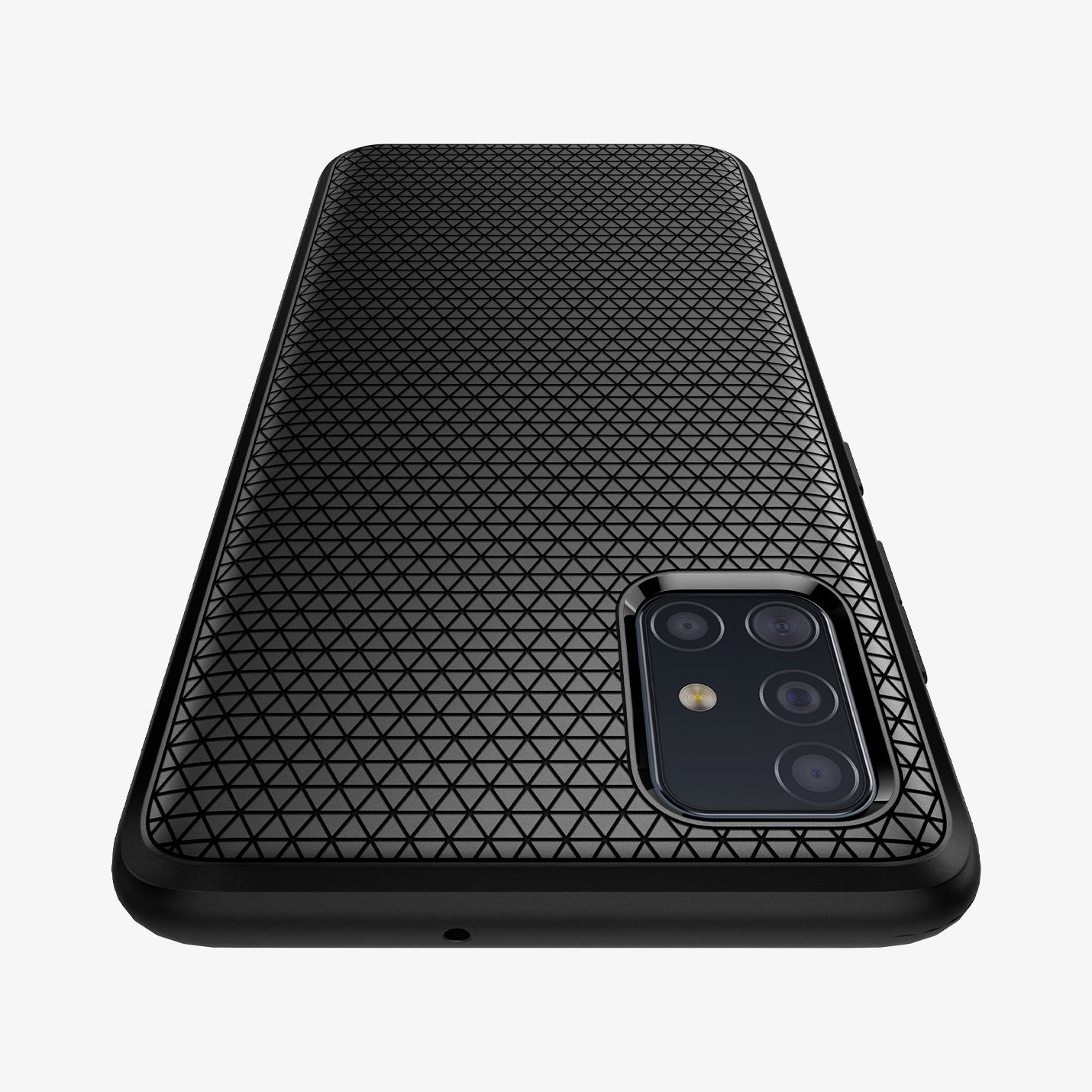 ACS00601 - Galaxy A51 Case Liquid Air in Matte Black showing the back of an upside down case, showing top zoomed in on a flat surface 