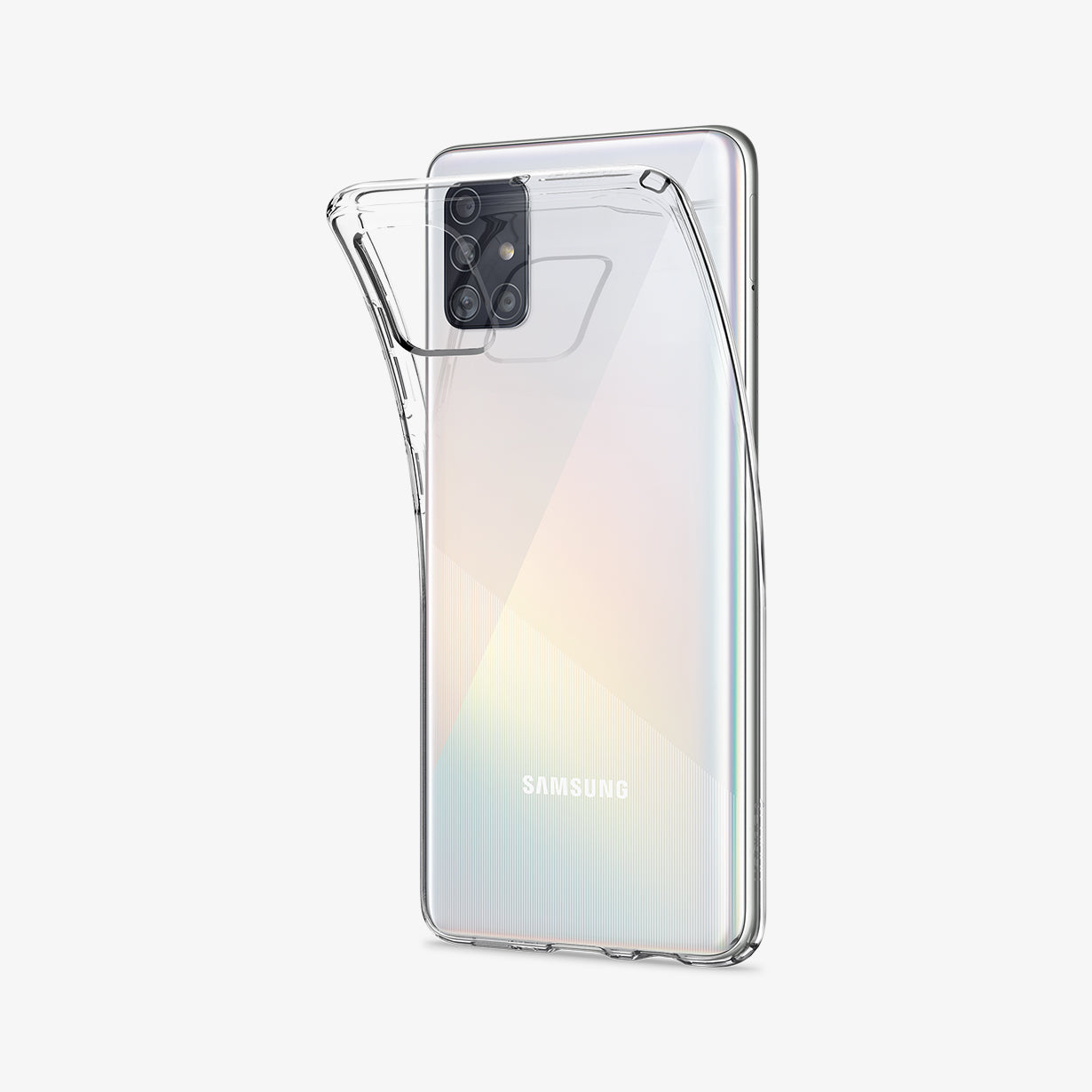 ACS00564 - Galaxy A51 Case Liquid Crystal in Crystal Clear showing the back of clear case partially peeled from the device