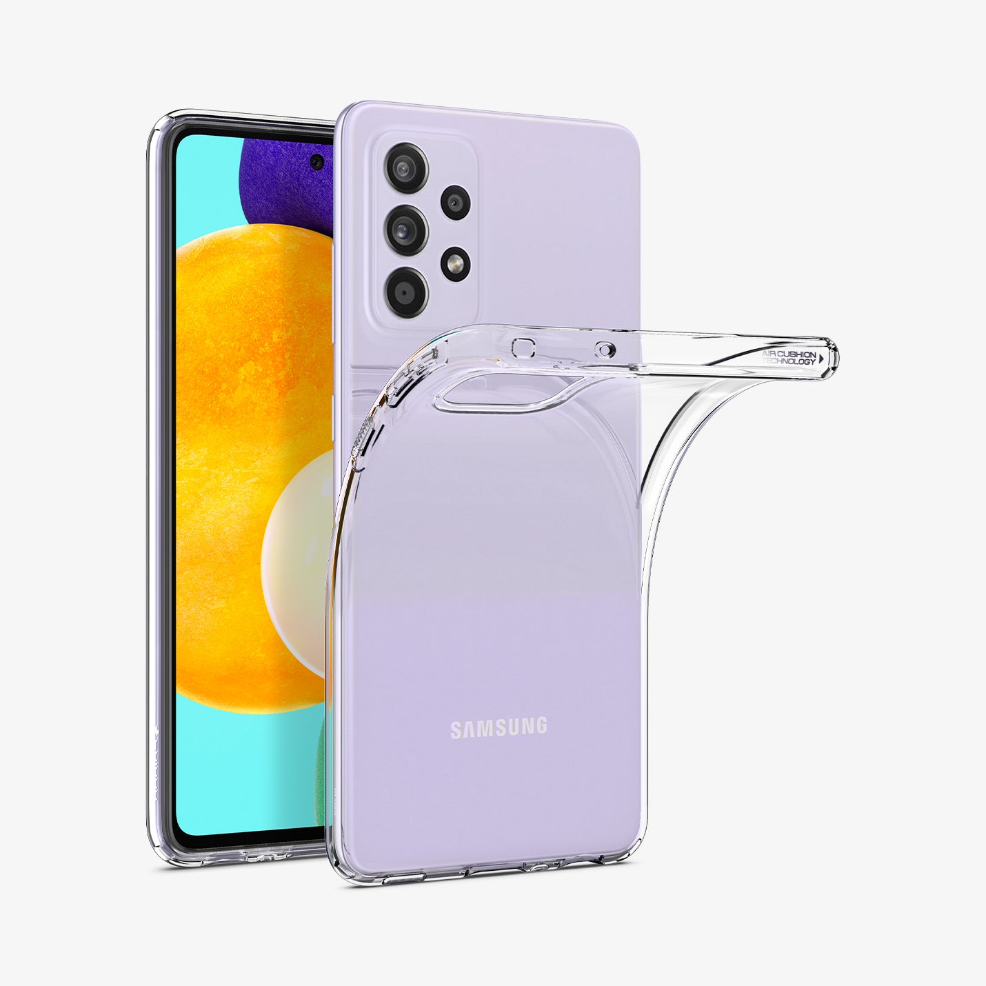 ACS02316 - Galaxy A52 Case Liquid Crystal in Crystal Clear showing the back of clear case half peeled for the back of device in front of it, a device showing front