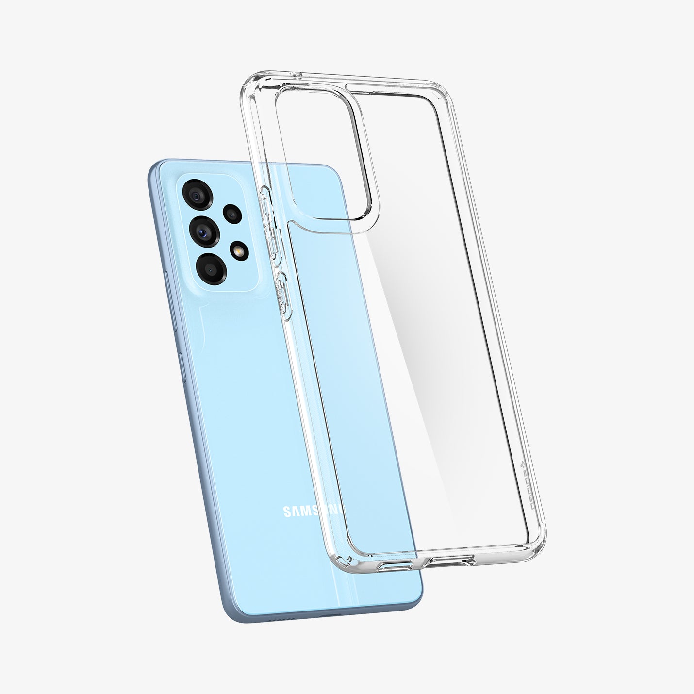 ACS04259 - Galaxy A53 5G Case Ultra Hybrid in Crystal Clear showing the clear tpu back case hovering in front of a device