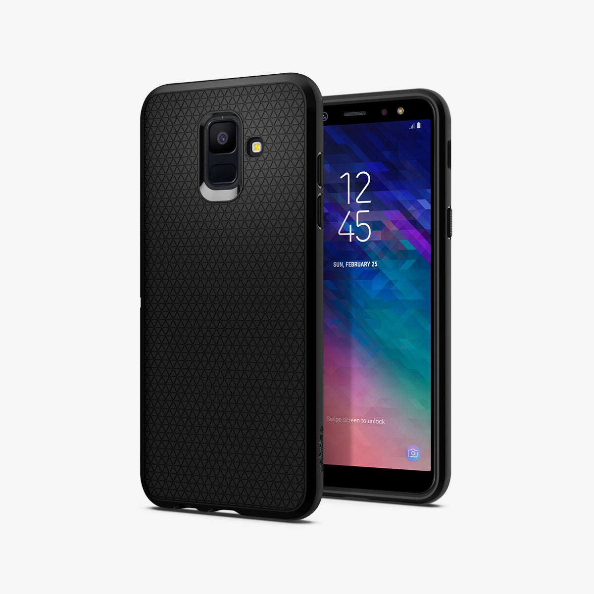 596CS24093 - Galaxy A6 Case Liquid Air in Black showing the back next to it is a device showing front