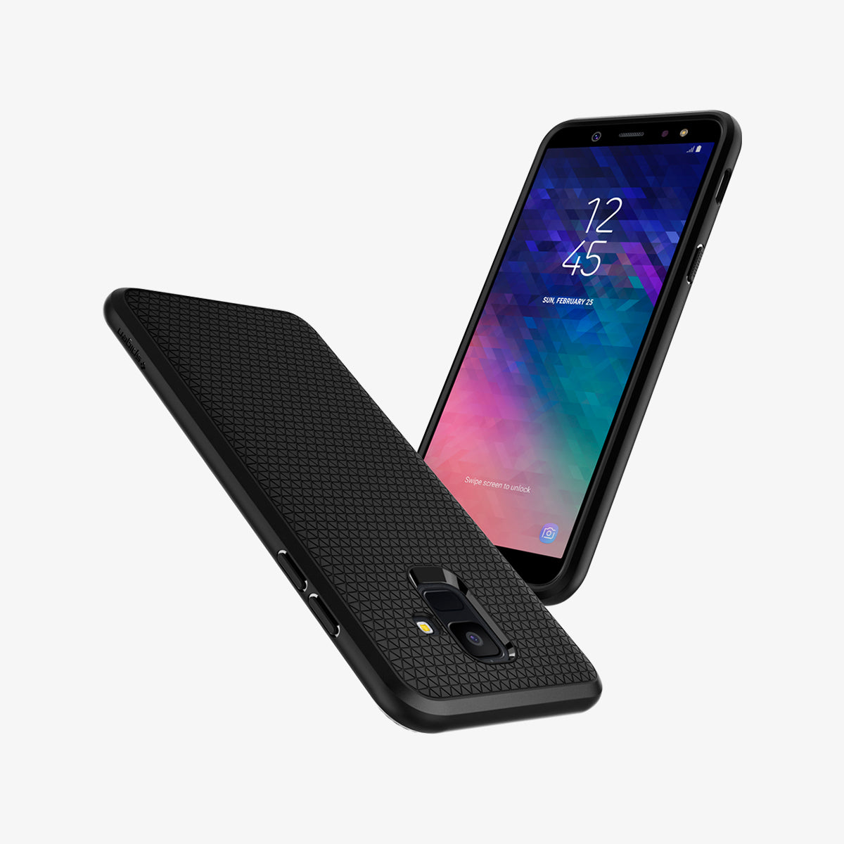 596CS24093 - Galaxy A6 Case Liquid Air in Black showing the back, partial side and top of an upside down device next to it is a device showing front and partial side