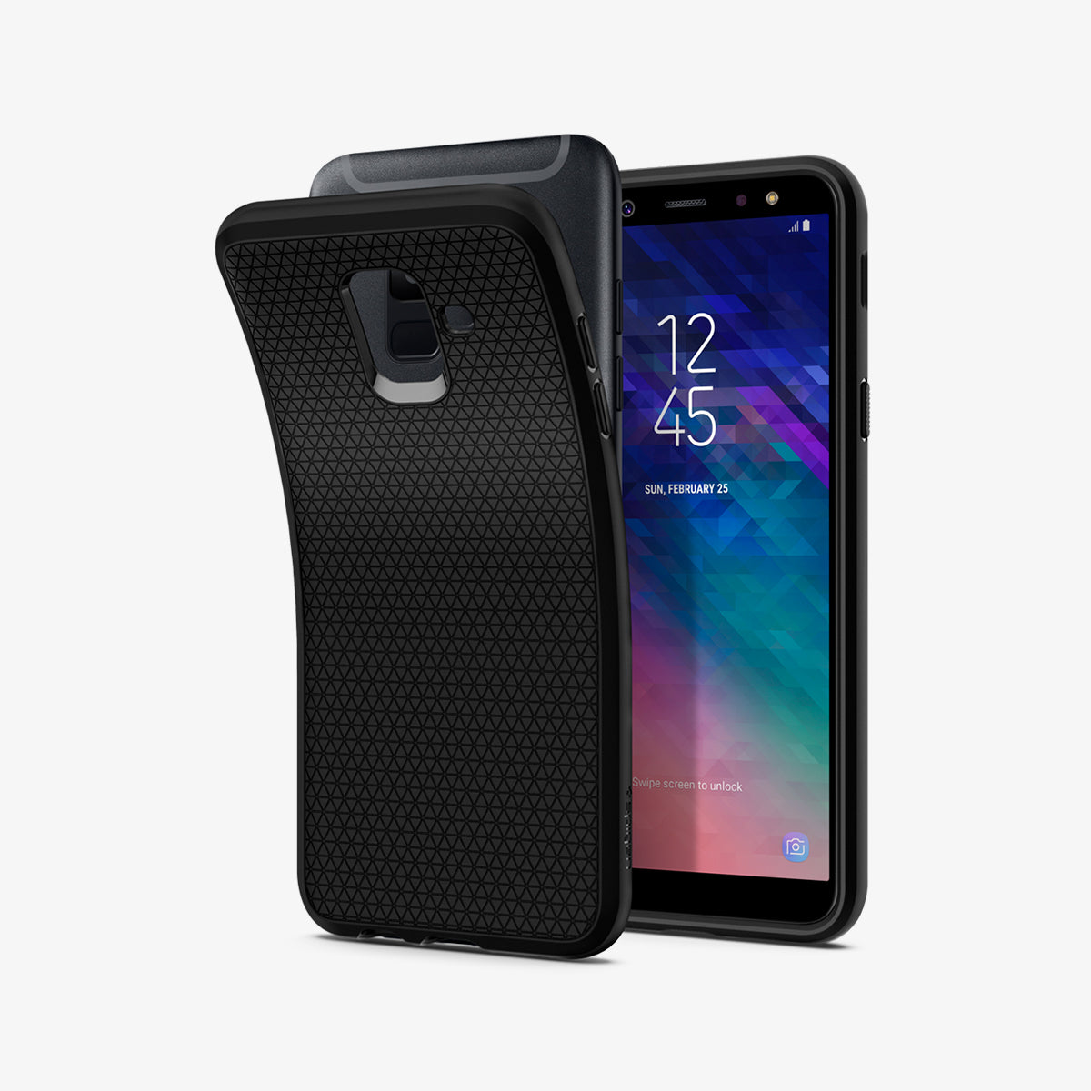 596CS24093 - Galaxy A6 Case Liquid Air in Black showing the back case partially peeled off facing a device showing front