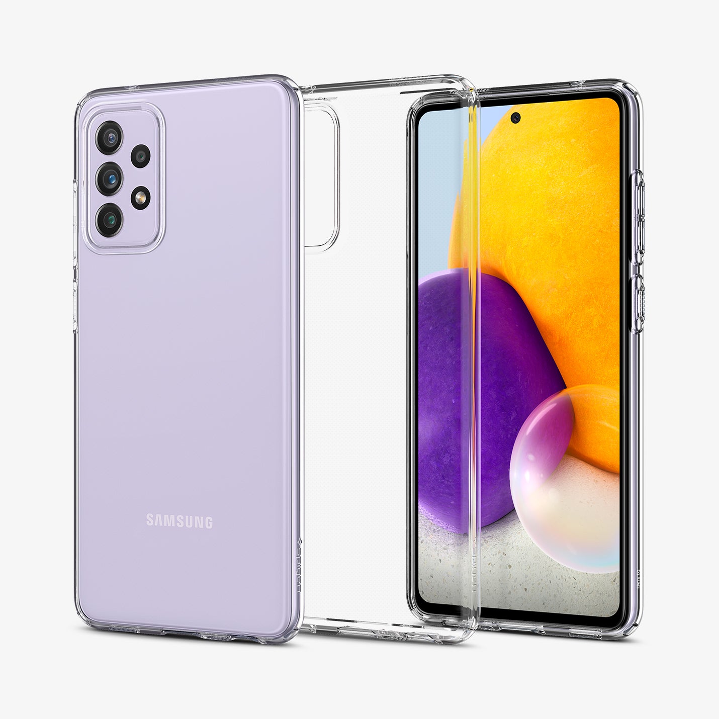 ACS02325 - Galaxy A72 Case Liquid Crystal in Crystal Clear showing the back, in the middle a clear case and next to it a device facing front