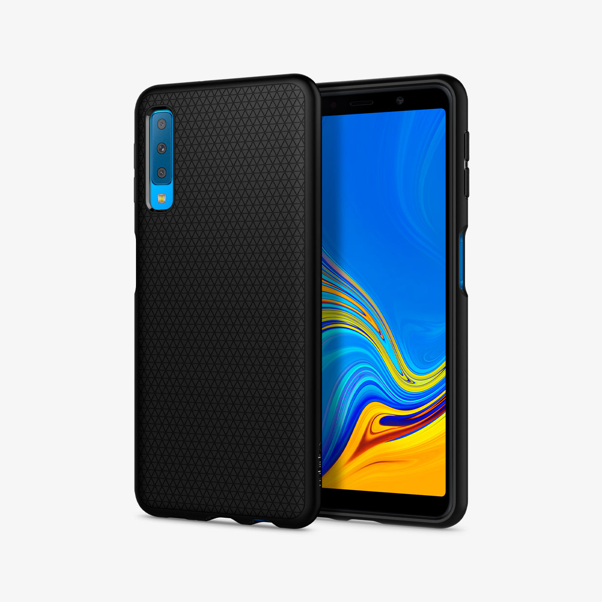 608CS25555 - Galaxy A7 (2018) Case Liquid Air in Matte Black showing the back next to it is a device showing front