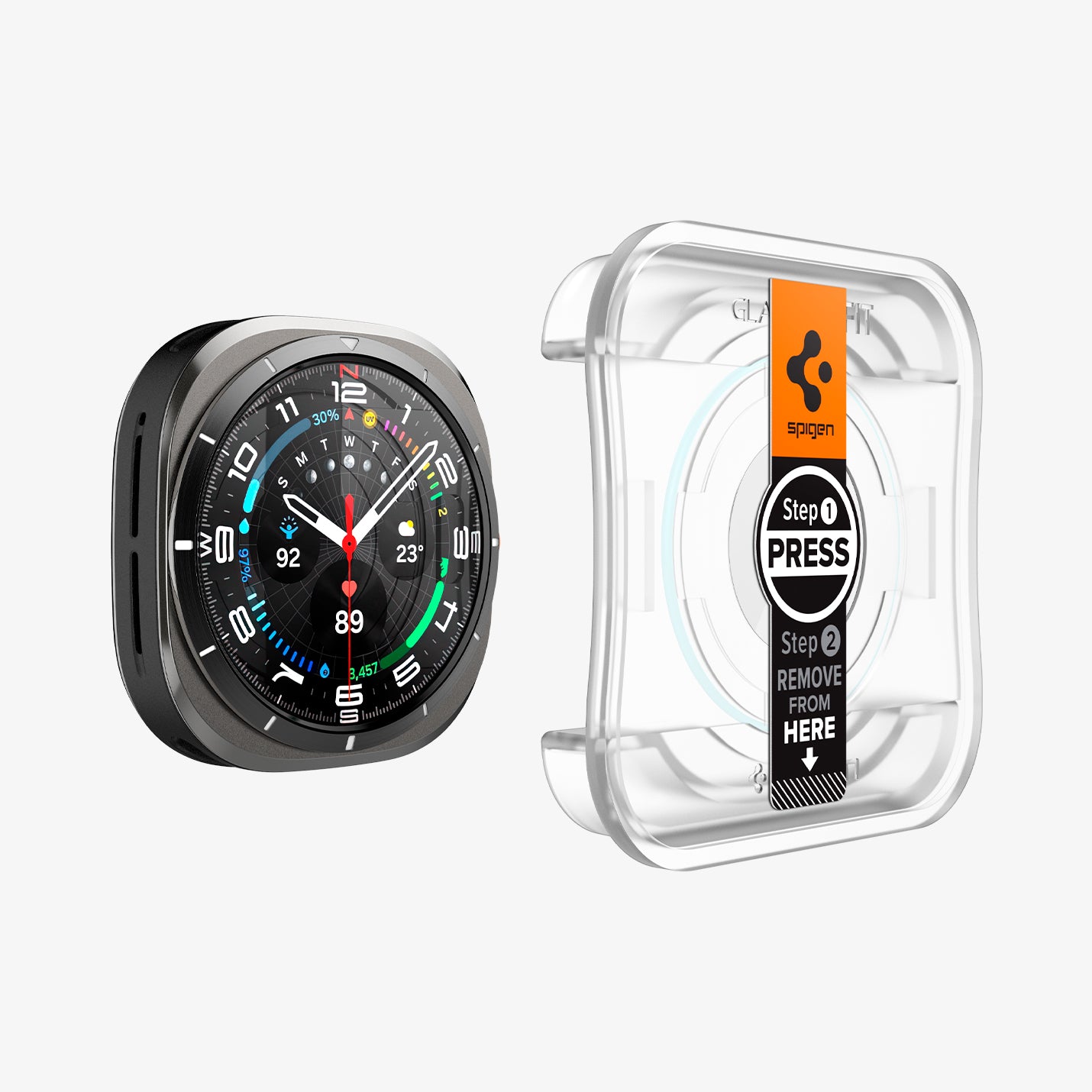 AGL08349 - Watch Ultra (47mm) GLAS.tR EZ Fit in Clear showing the watch face, screen protector and ez fit tray