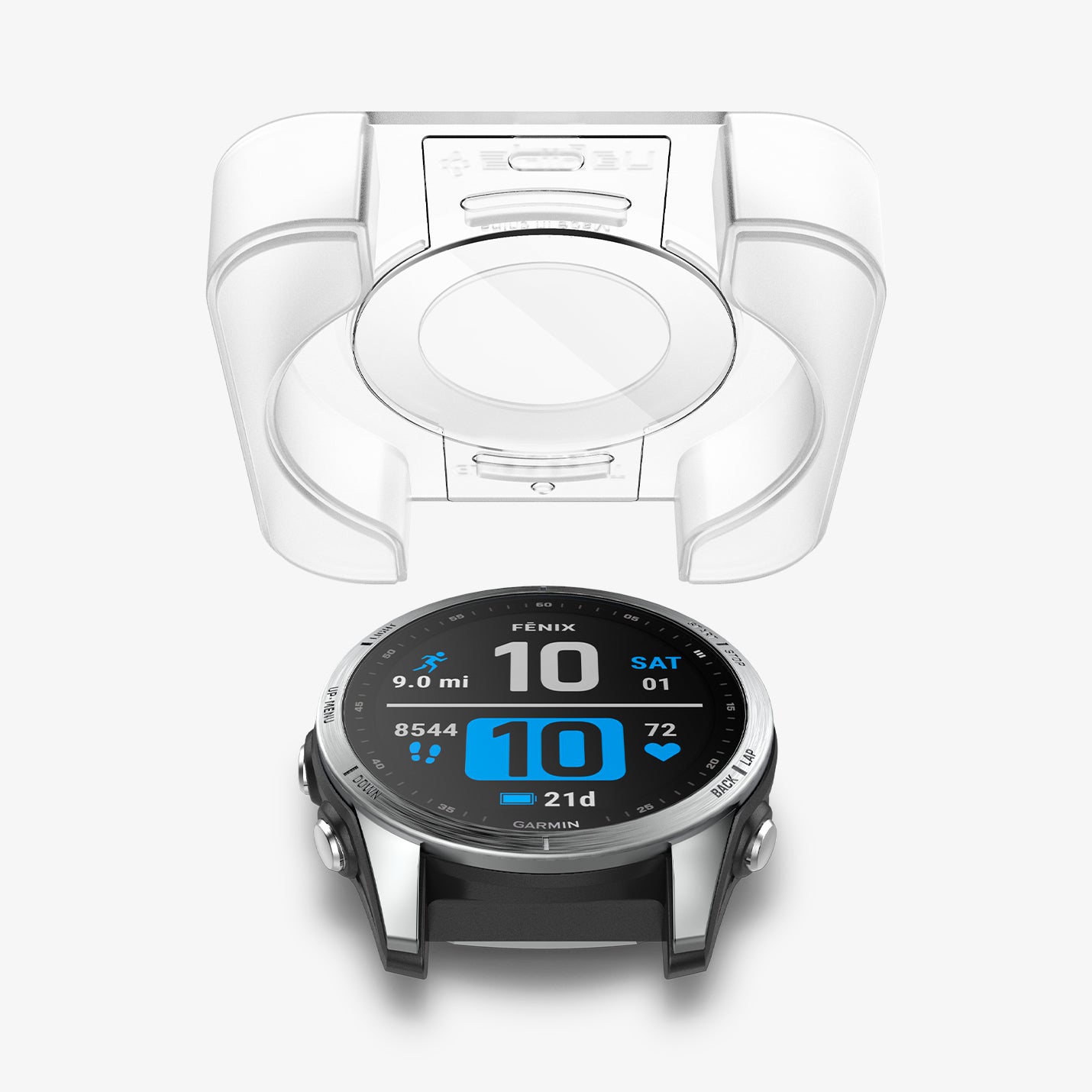 AGL04631 - Garmin Fenix 7s Screen Protector EZ FIT Glas.tR showing the ez fit tray hovering above the watch face