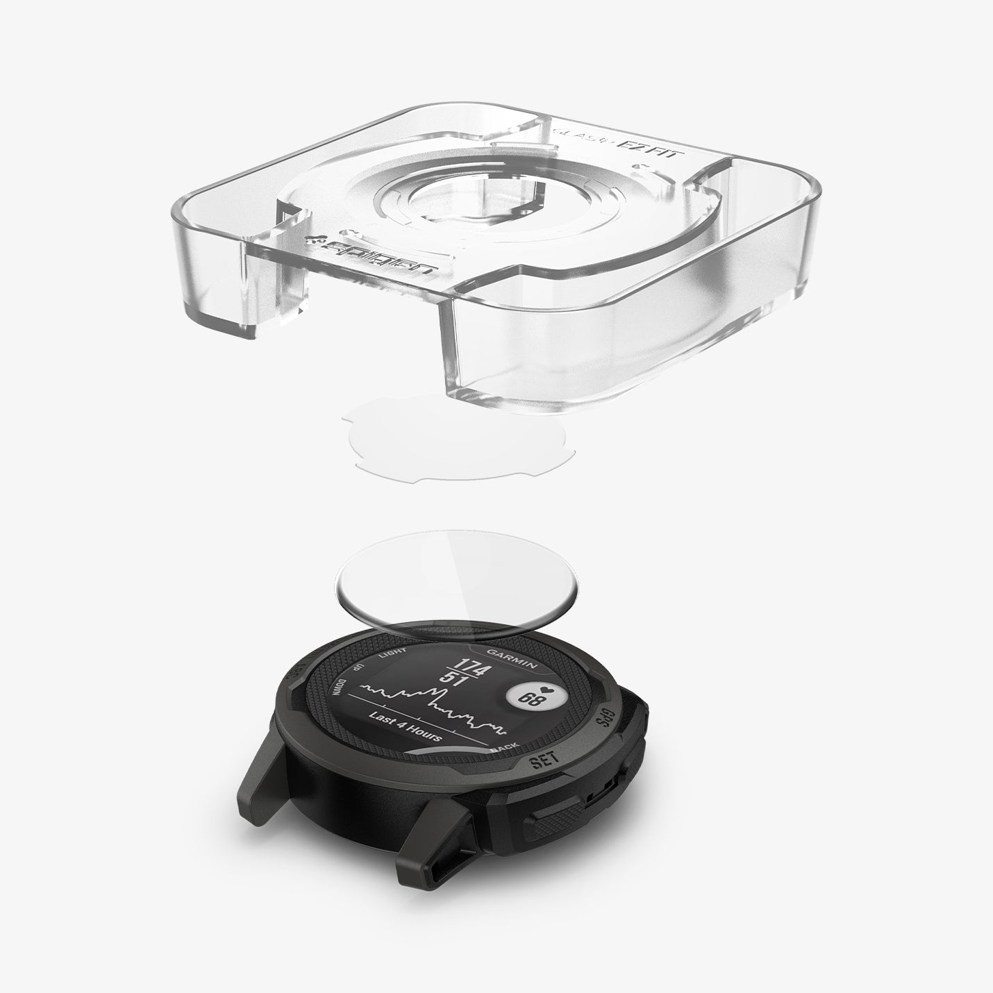 AGL05263 - Garmin Instinct 2s Screen Protector EZ Fit showing the ez fit tray and screen protector hovering above the watch face