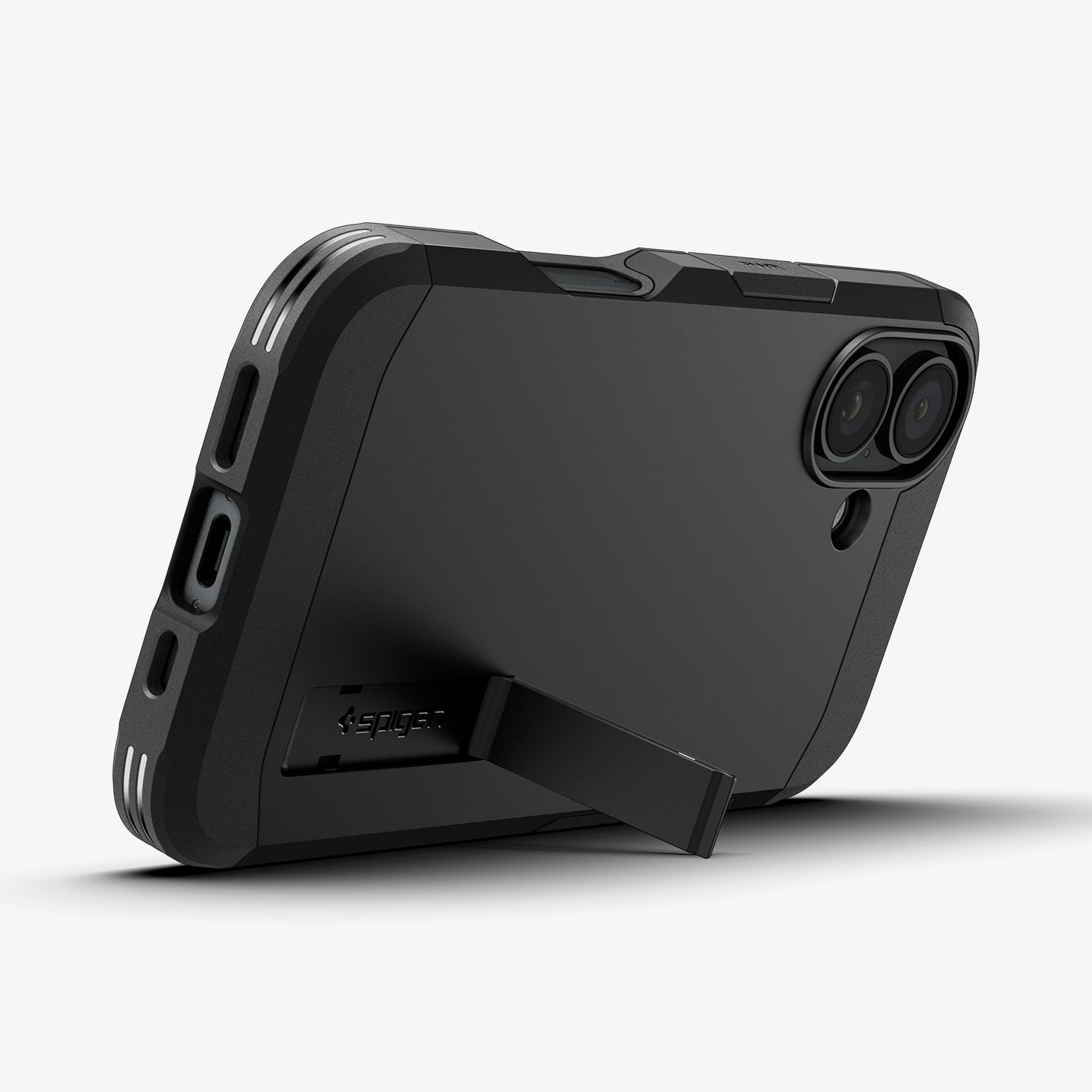 ACS08386 - iPhone 16 Case Tough Armor AI in Black showing the back, partial side and bottom propped up with a built-in kickstand