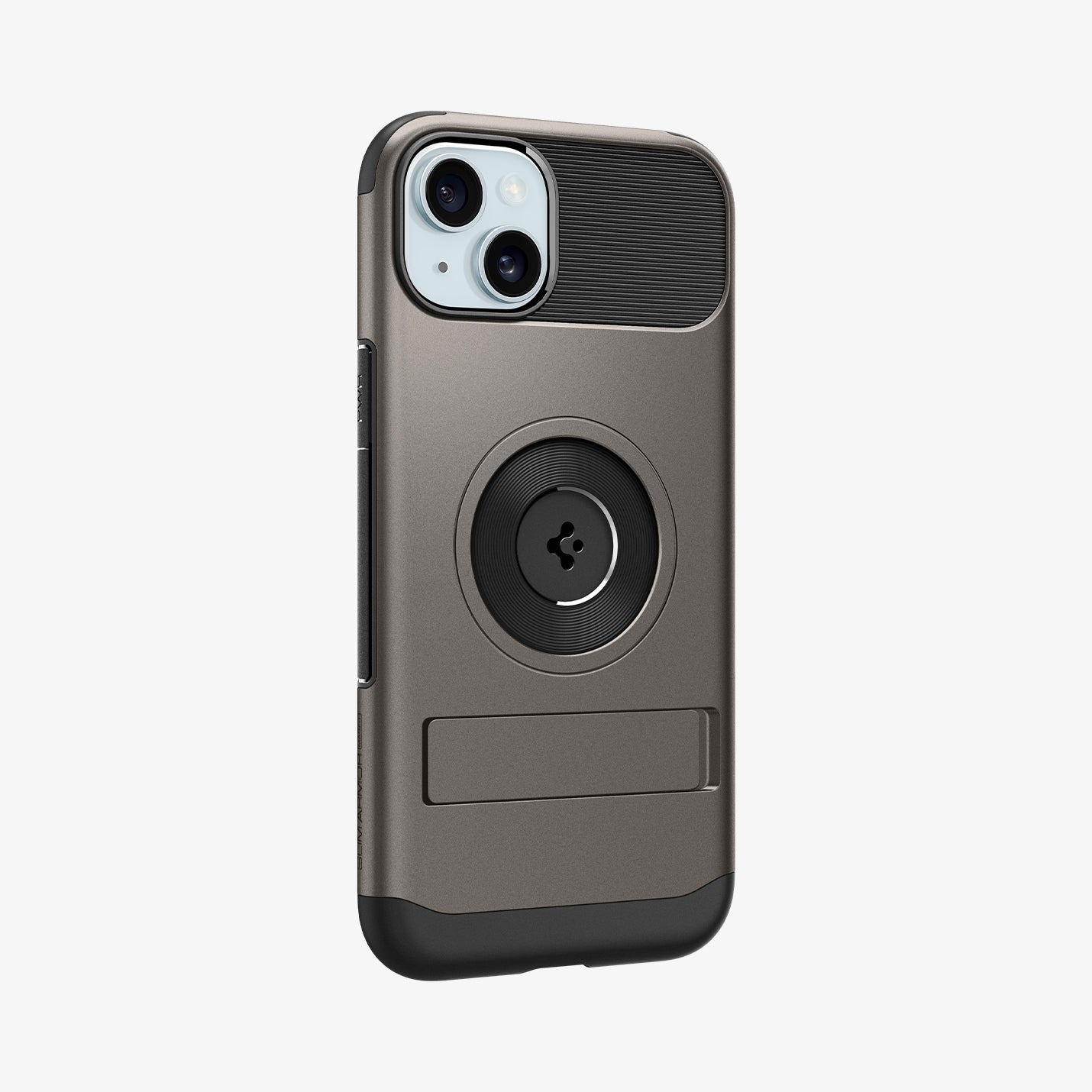 ACS06486 - iPhone 15 Case Slim Armor (MagFit) in gunmetal showing the back and partial side