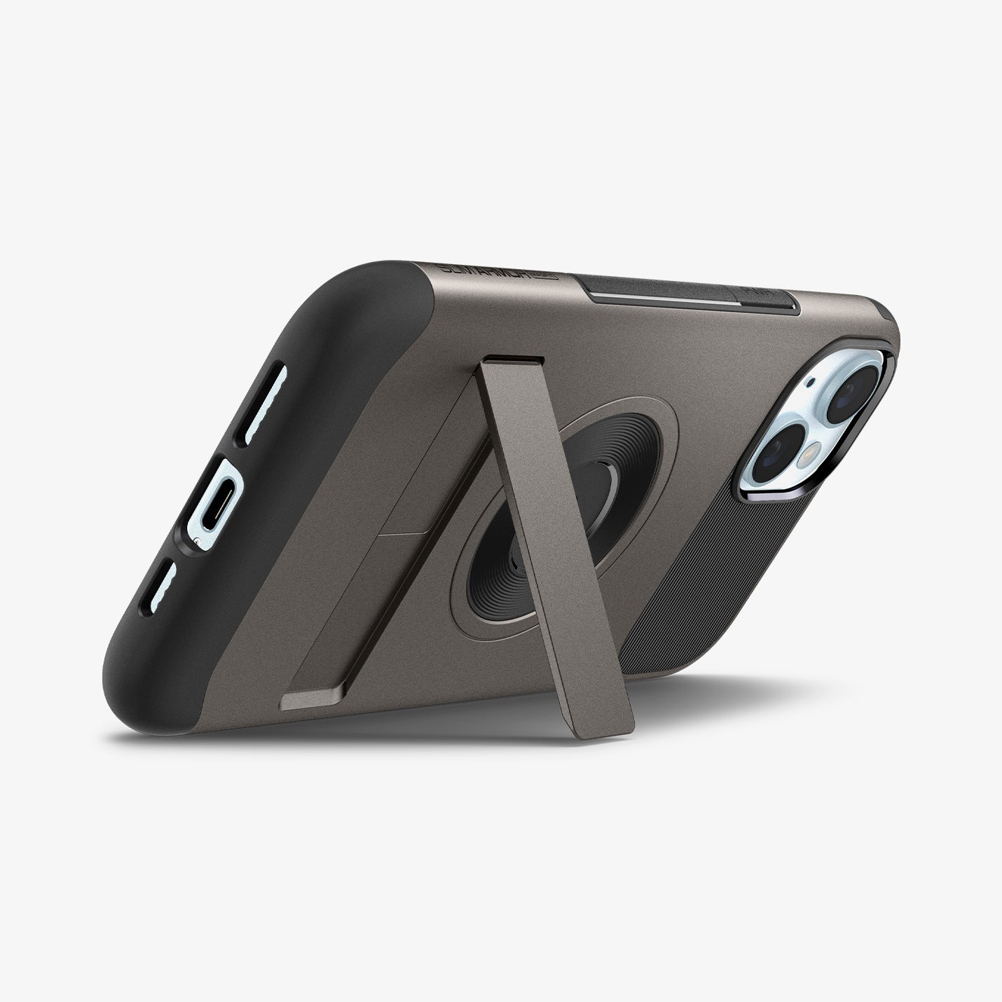 ACS06486 - iPhone 15 Case Slim Armor (MagFit) in gunmetal showing the back with device propped up by built in kickstand