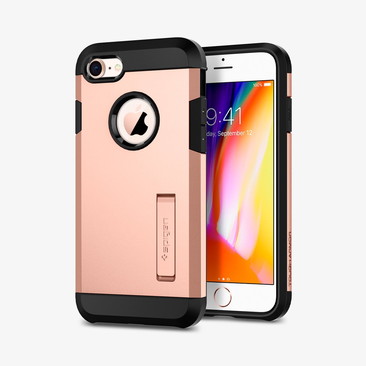 054CS22572 - iPhone 7 Case Tough Armor 2 in Blush Gold showing the back, partial side next to it, a device showing front and partial side