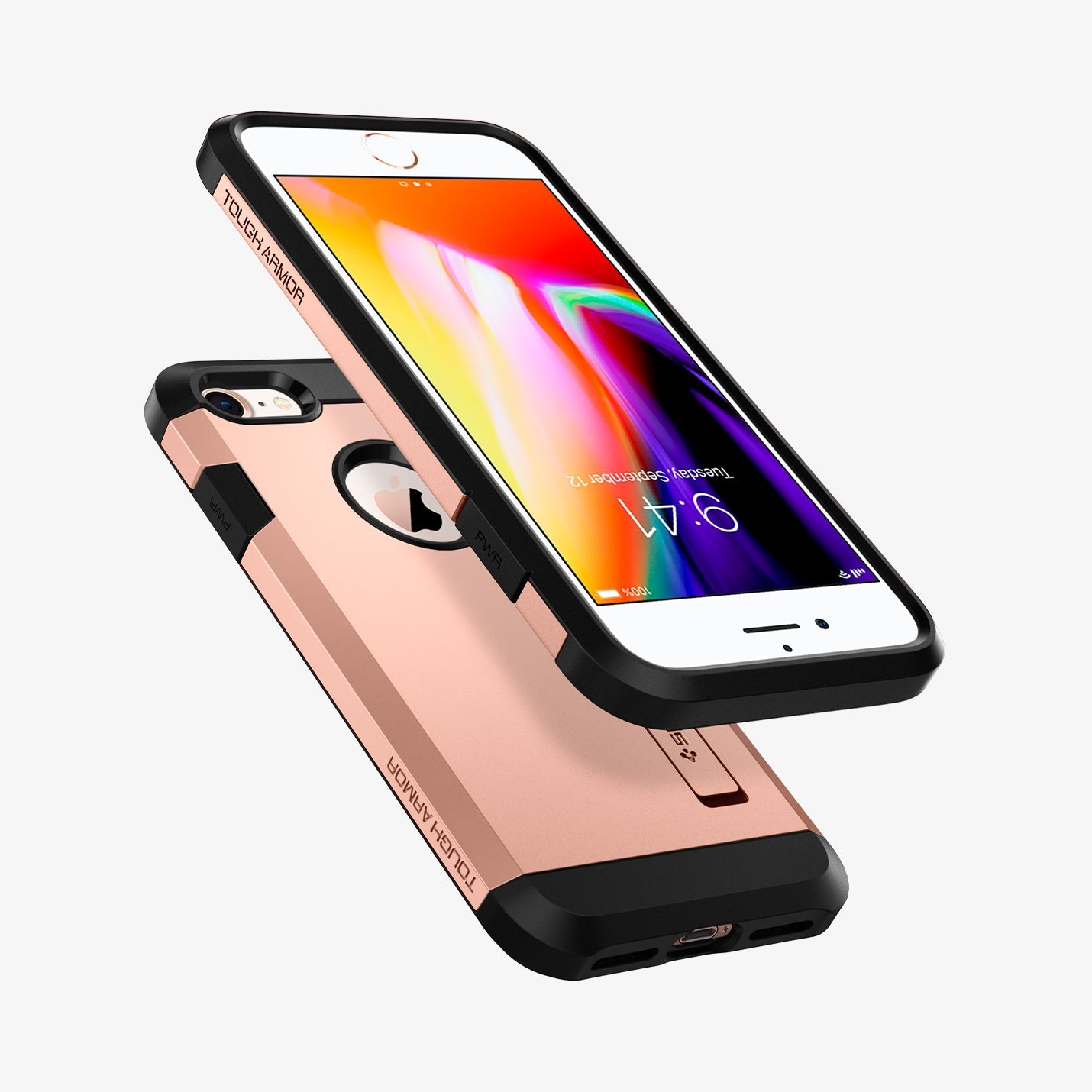 054CS22572 - iPhone 7 Case Tough Armor 2 in Blush Gold showing the front of an upside down device hovering in front of another device