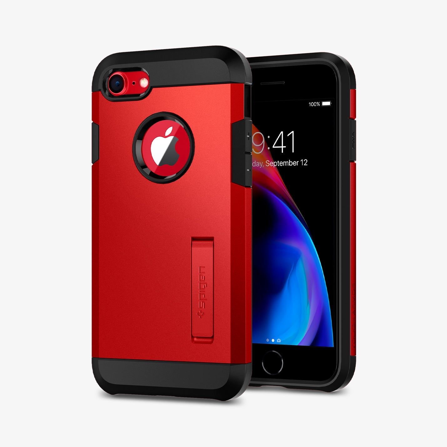 054CS24041 - iPhone 7 Case Tough Armor 2 in Red showing the back, partial side next to it, a device showing front and partial side