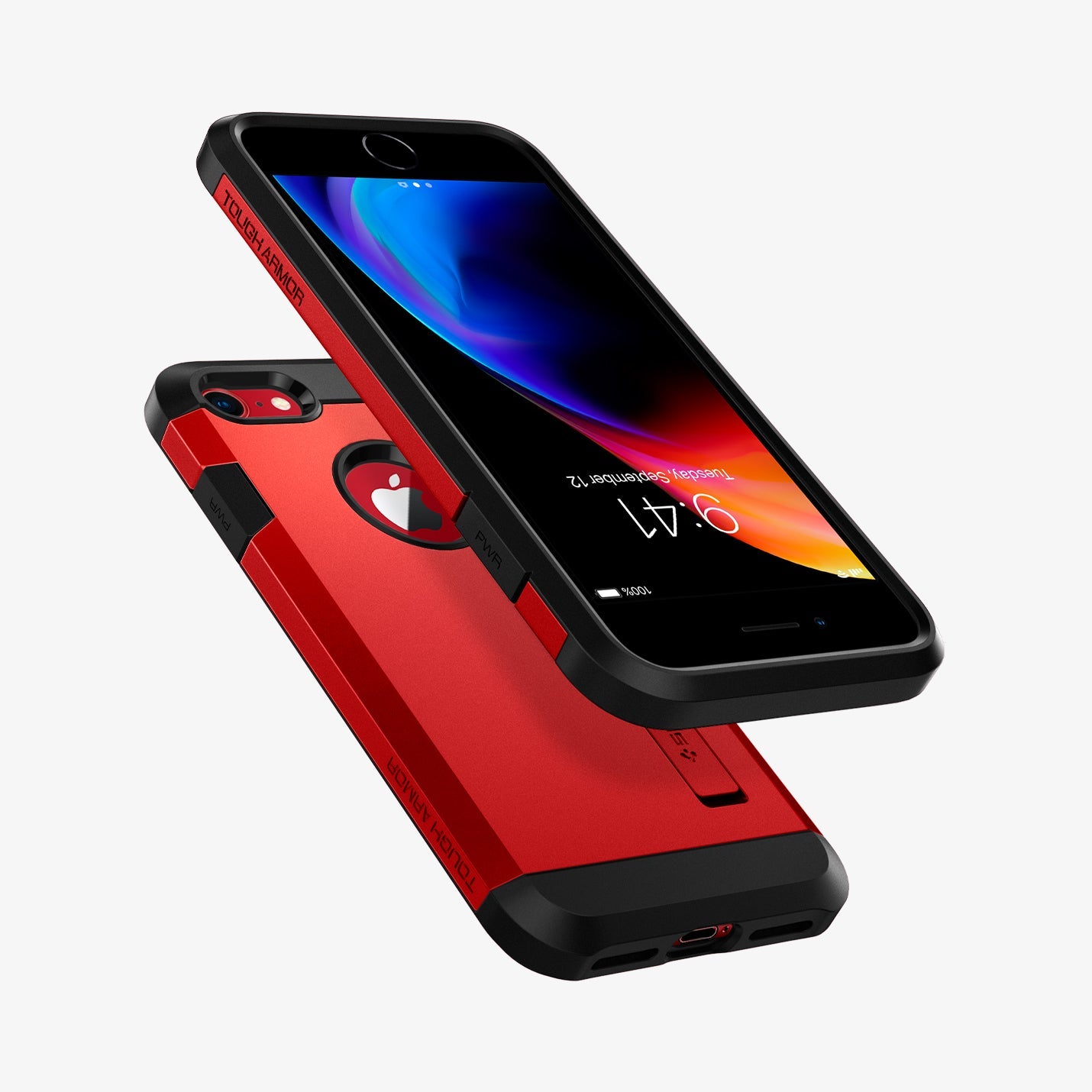 054CS24041 - iPhone 7 Case Tough Armor 2 in Red showing the front of an upside down device hovering in front of another device