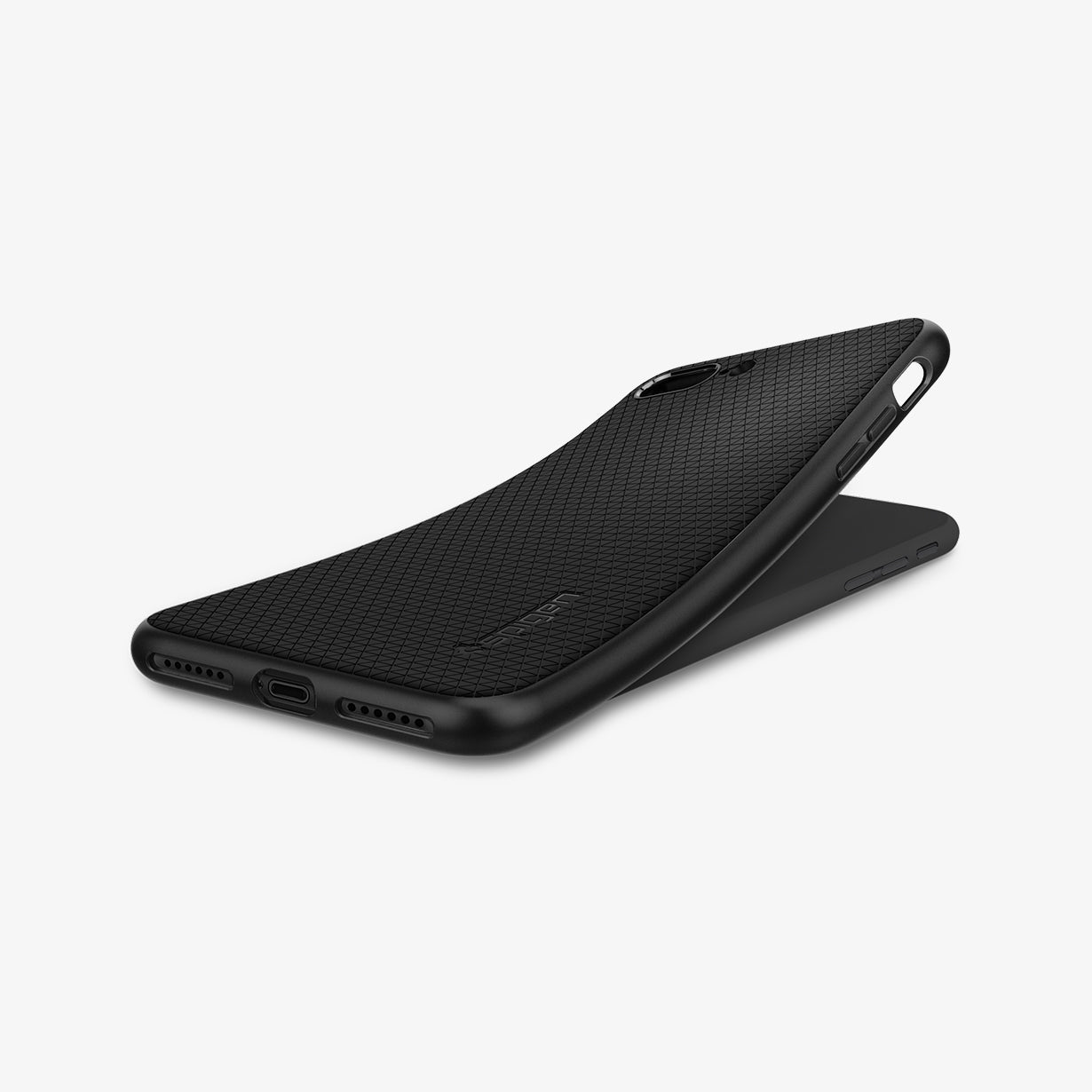 043CS20525 - iPhone 7 Plus Case Liquid Air in Black showing the back and side with case bending away from the device