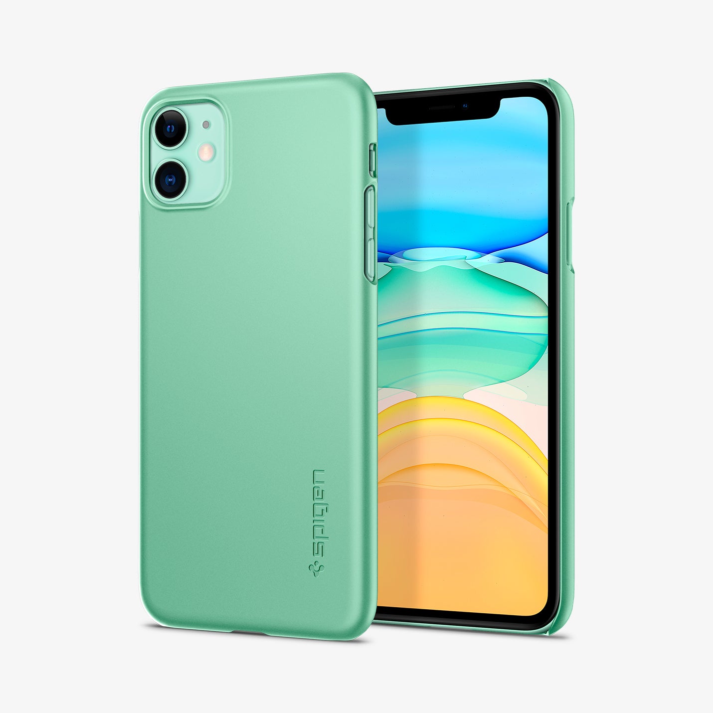 ACS00470 - iPhone 11 Series Case Thin Fit in Green showing the back and next to it, is another device facing front