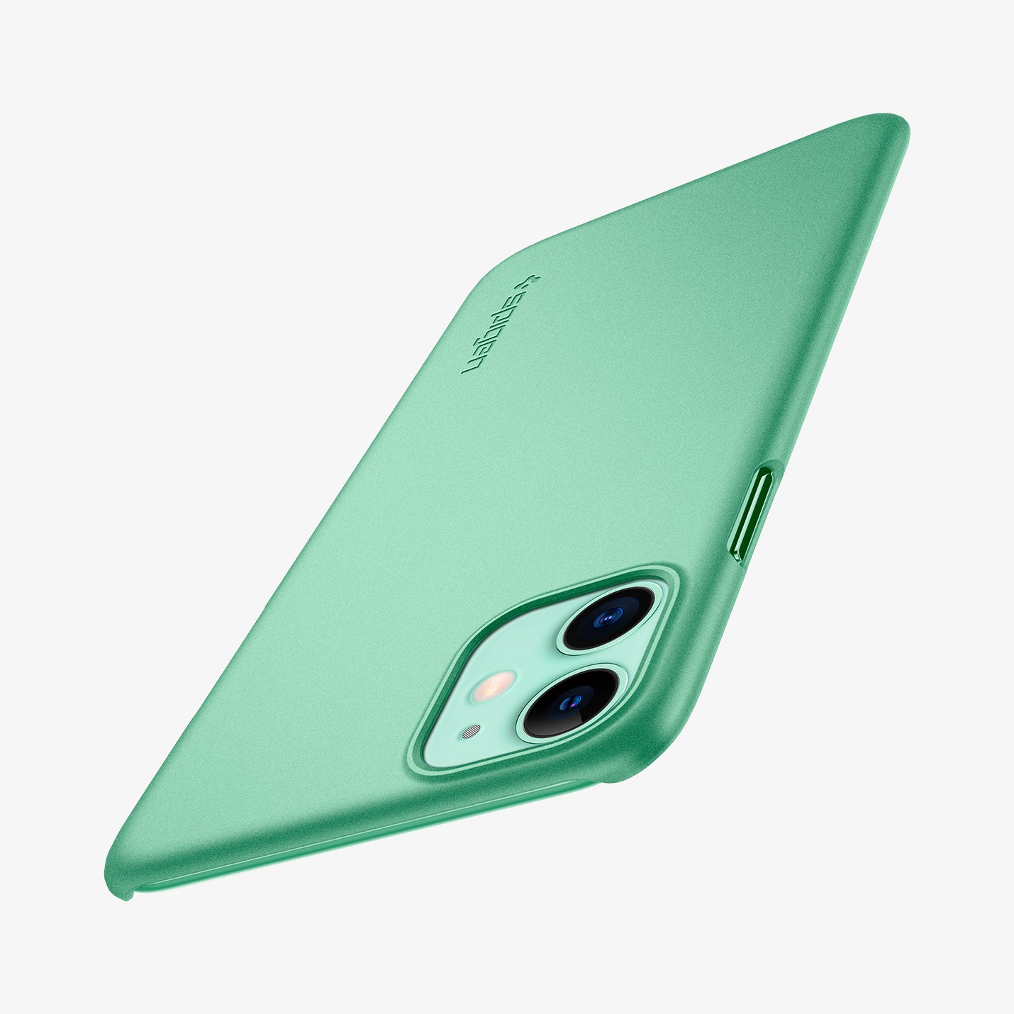 ACS00470 - iPhone 11 Series Case Thin Fit in Green showing the back and partial side in upside down position with a focused camera zoomed in