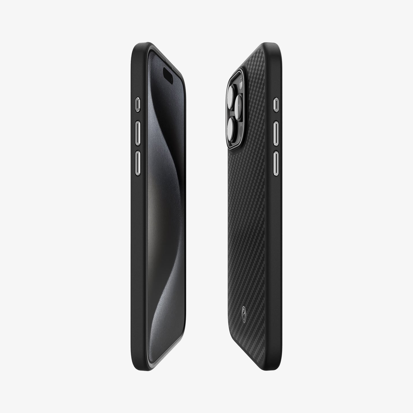 ACS07045 - iPhone 15 Pro Case Enzo Aramid (MagFit) in matte black showing the sides, partial front and back