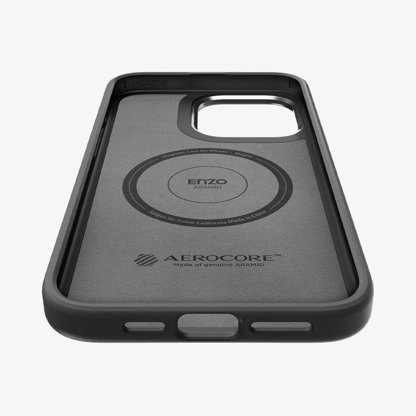 ACS07045 - iPhone 15 Pro Case Enzo Aramid (MagFit) in matte black showing the inside and bottom of case