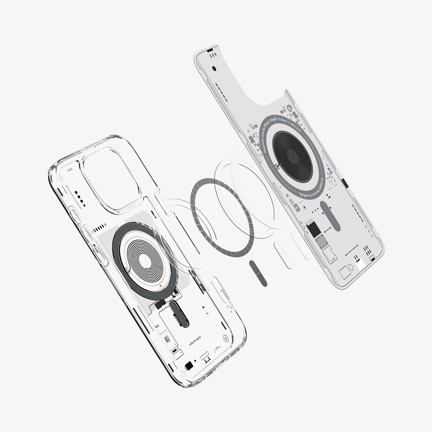 ACS08791 - iPhone 16 Pro Max Case Ultra Hybrid Neo One (MagFit) showing the front of the detached inner layer hovering in front of the detached metal ring plate and the case