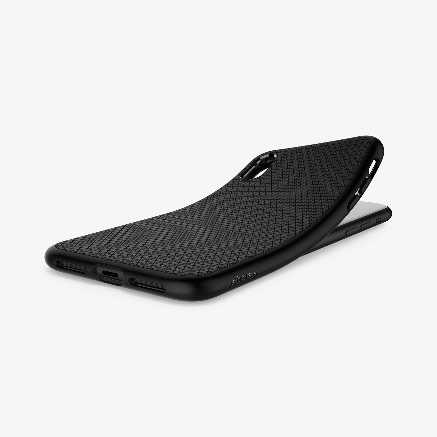 064CS24872  - iPhone XR Case Liquid Air in  Black showing the back, partially peeled from behind a device on a flat surface