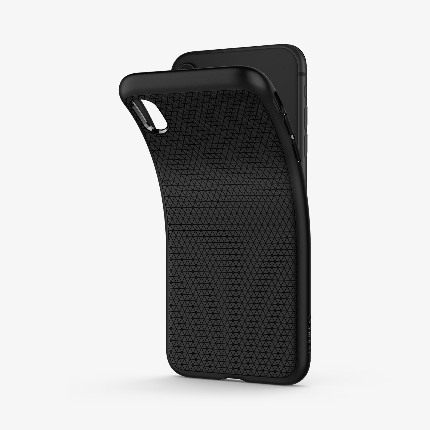 064CS24872  - iPhone XR Case Liquid Air in  Black showing the back of soft tpu back case partially peeled from behind a device