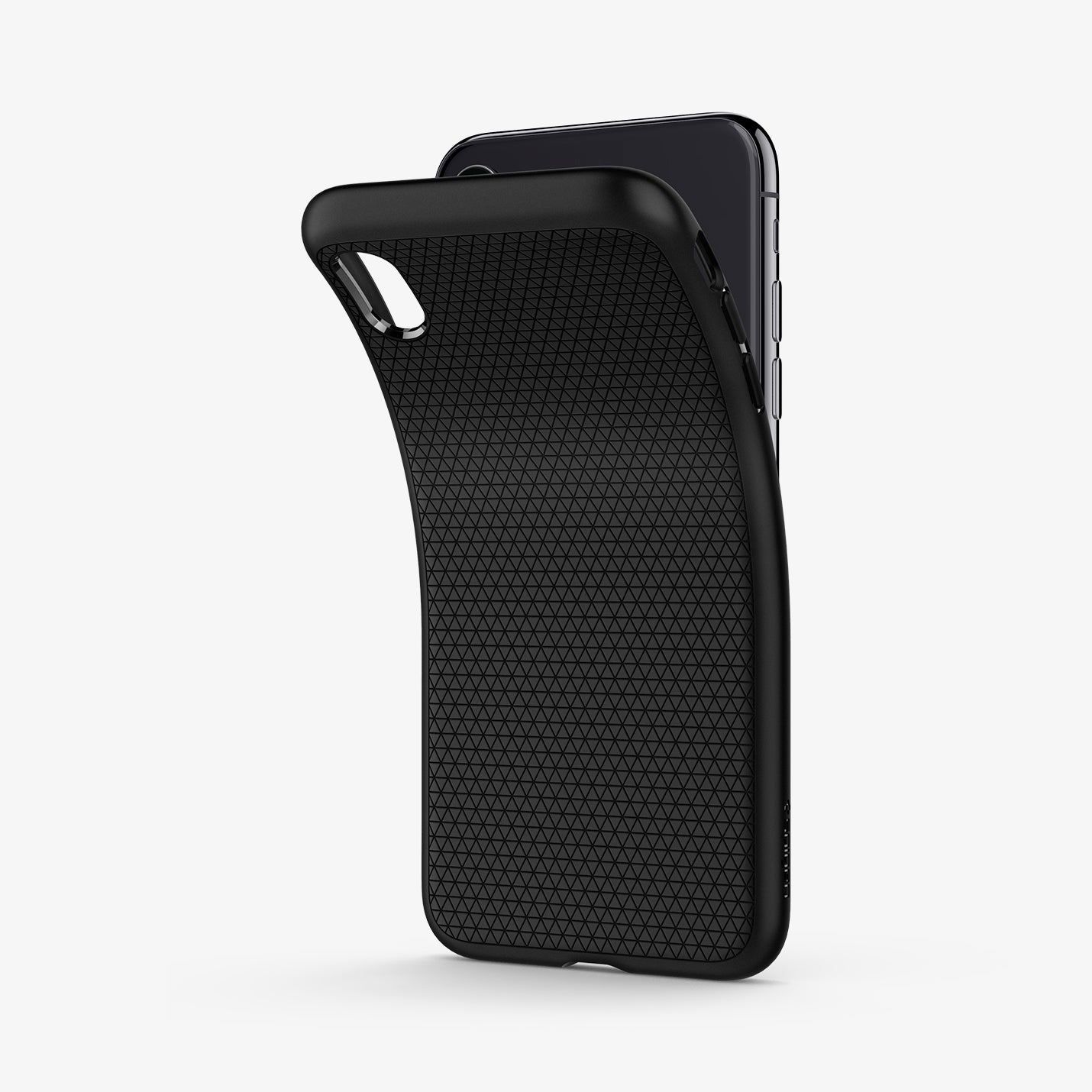 057CS22123  - iPhone XS Case Liquid Air in  Matte Black showing the back of soft tpu back case partially peeled from behind a device