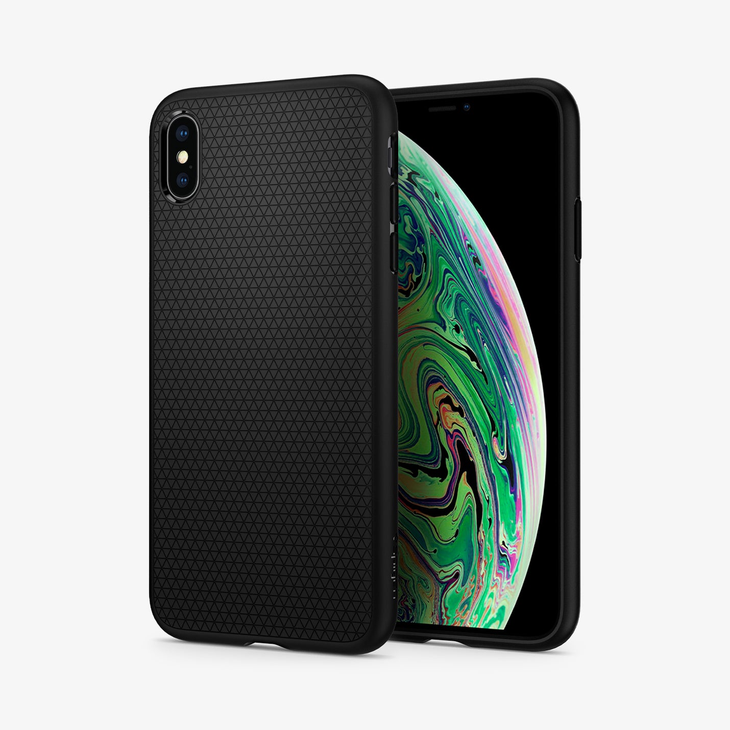 065CS25126  - iPhone XS Max Case Liquid Air in  Matte Black showing the back, next to it, a device showing front