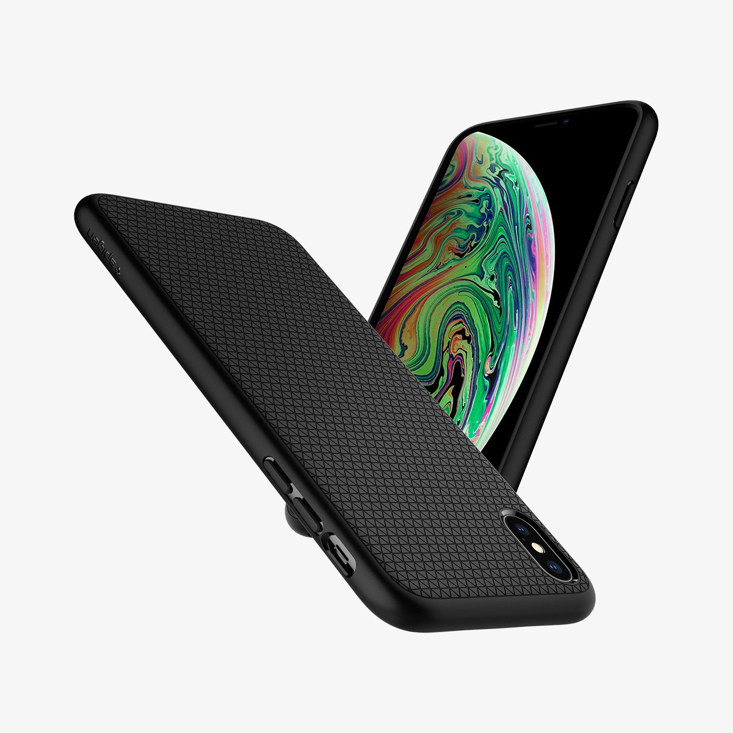 065CS25126  - iPhone XS Max Case Liquid Air in  Matte Black showing the back, partial side of an upside down beside it, showing front and side